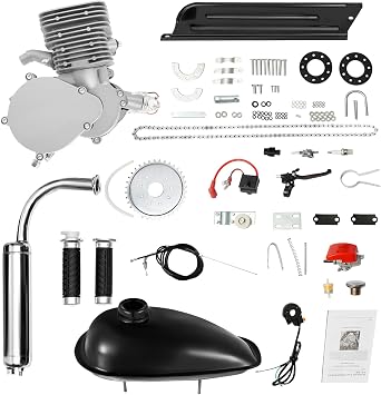 Upgraded 110cc Bicycle Engine Kit, 2-Stroke Gas Motorized Bicycle Conversion Kit for 26" /28" Bikes Fit Petrol Gas Motor Kit Engine Refit Full Set with CDI for DIY Motorized Bicycle Bike Silver