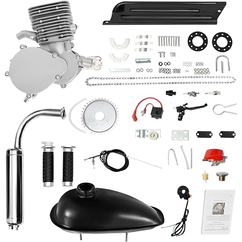 Upgraded 110cc Bicycle Engine Kit, 2-Stroke Gas Motorized Bicycle Conversion Kit for 26" /28" Bikes Fit Petrol Gas Motor Kit Engine Refit Full Set with CDI for DIY Motorized Bicycle Bike (Silver)