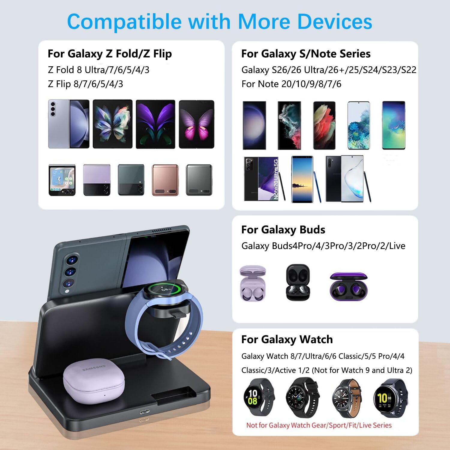 Station de charge sans fil 3 en 1 pliable pour Samsung Galaxy Z Fold 8 Ultra 7 6 - Station de charge rapide pour Galaxy Z Flip 8/Galaxy S26/S26 Ultra/Galaxy Watch/Galaxy Buds