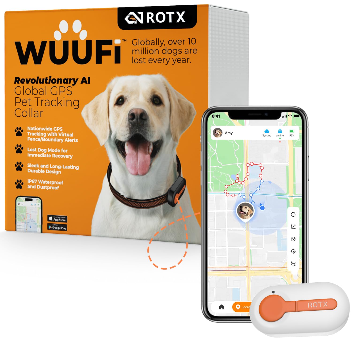 ROTX GPS Pet Tracker Real-time Location Tracker Health & Wellness Virtual Fence for Over 11.02lbs Pet Such As Dog Cat Collar Attachment of Random Color Subscription Required Waterproof IP67