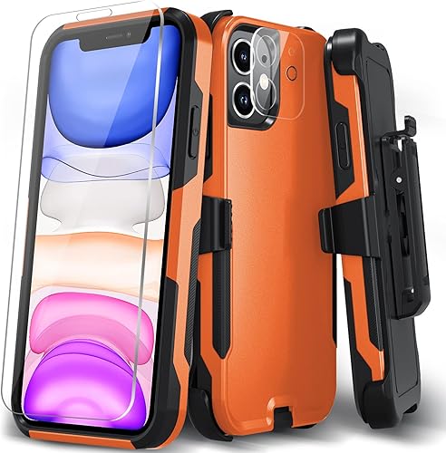 Xmon Funda para iPhone 11, resistente y resistente con clip para cinturón, a prueba de golpes, protector de pantalla de vidrio templado + protector