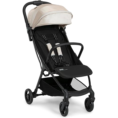Jeep Altitude Compact Travel Stroller by Delta Children Greenguard Gold, Easy One Hand Fold, Lightweight, Extendable Canopy with Peek-a-Boo Window, Reclining Seat, 4 Wheel Suspension, Tan