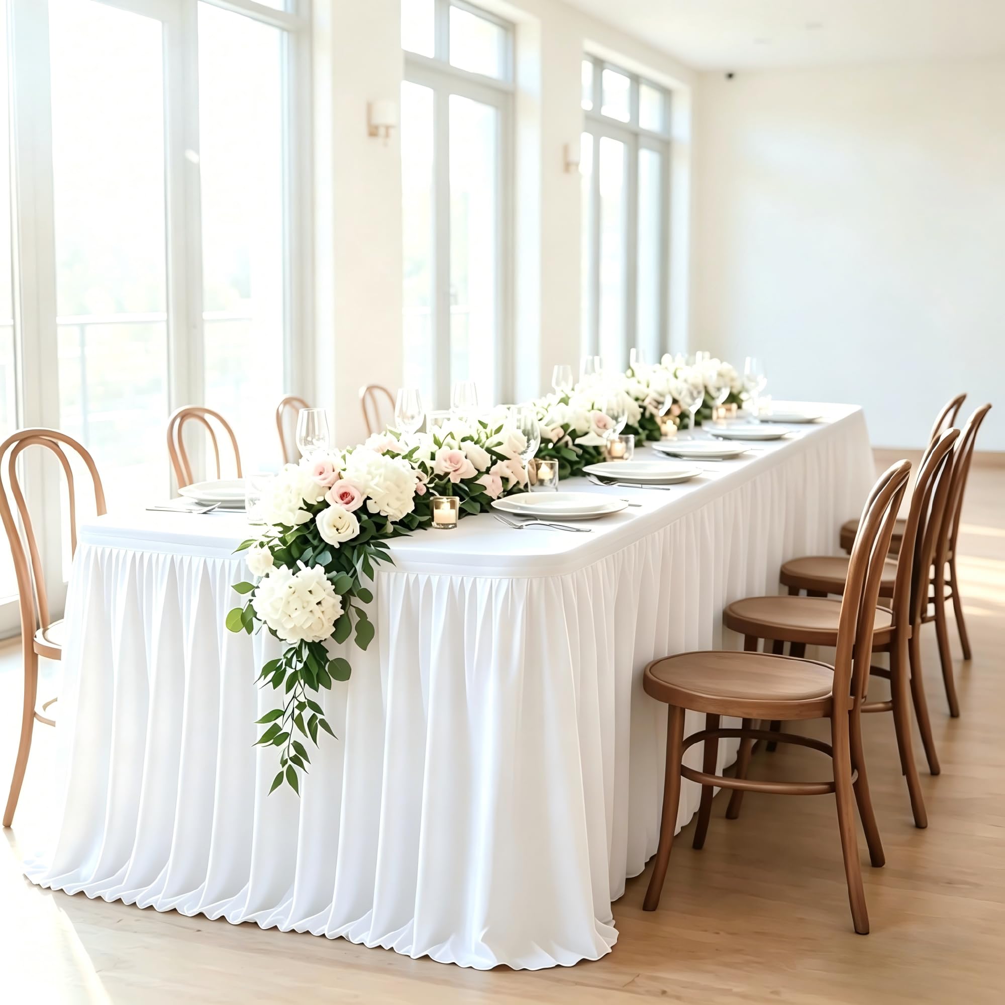 17FT White Table Skirt for Rectangle Tables Wrinkle Resistant Polyester Pleated Ruffle Table Skirt for Wedding Banquet Baby Shower Birthday Party Decoration
