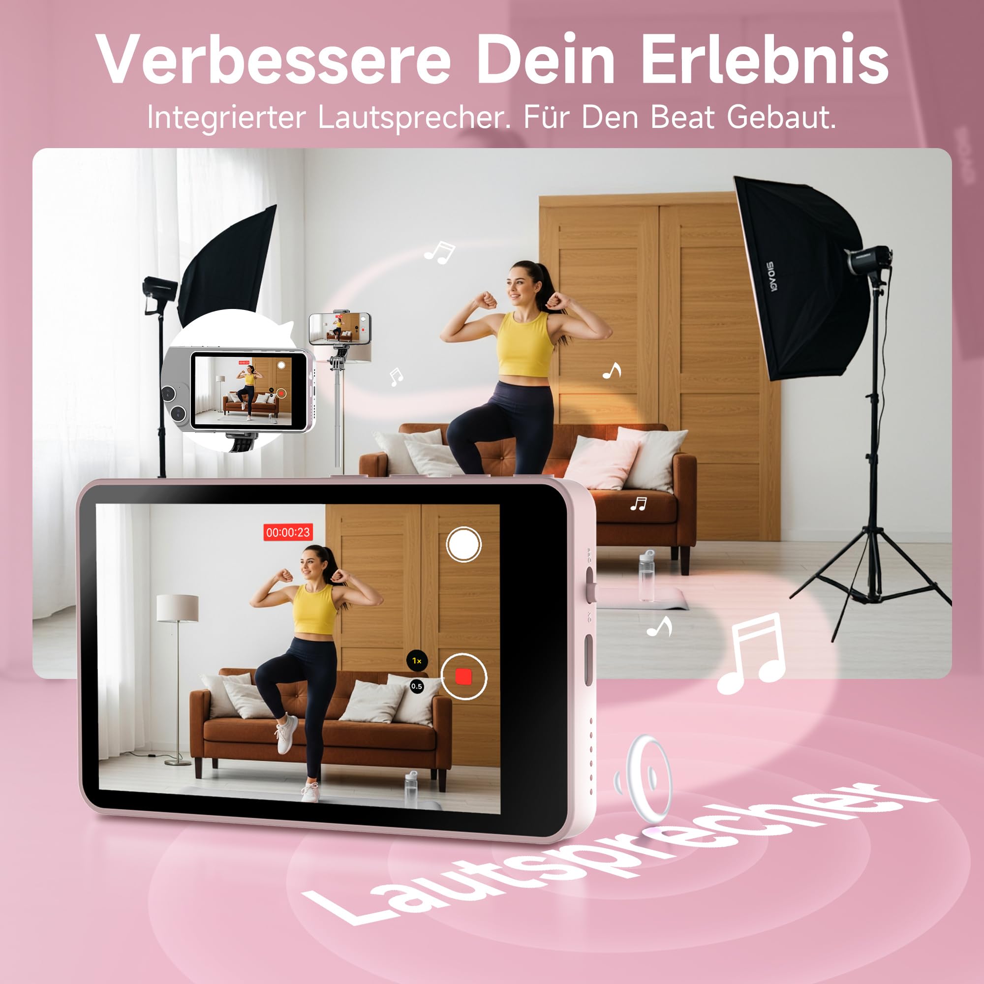 SYNCO XView - Monitor per selfie per iPhone 17, schermo magnetico per smartphone da 3,97", fotocamera posteriore Android, senza fili, 50 m, con altoparlante per TikTok YouTube Live Stream (rosa)
