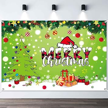 Green Christmas Backdrop Merry Christmas Decorations Banner Cartoon Theme Holiday Party Photography Background Red and Green Xmas Sign Backdrop Wall Decor for Kids 5x3ft