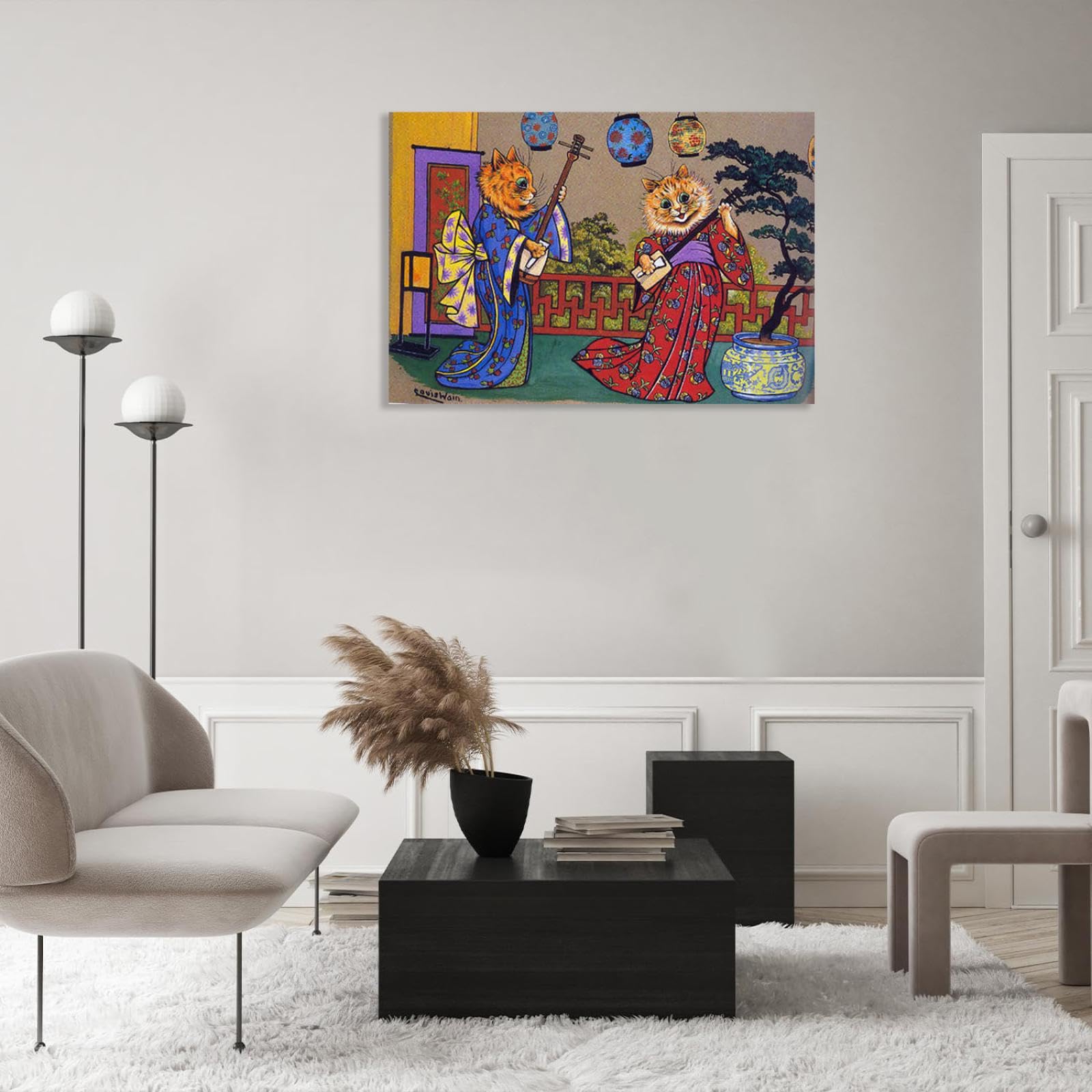 MYCGGDGH Louis Wain Pittura su Tela Animali musicali Due gatti Stampe Gatti Quadri Famosi Louis Wain Poster Quadri Moderni Soggiorno Astratti120x80cm(47x31in) Con cornice