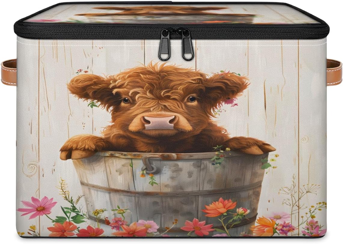 TropicalLife Large Storage Basket with Lids Funny Highland Cow Storage Boxes Bin for Organizing Shelves Nursery Bedroom, Closet Organizers Cube for Clothes Toys