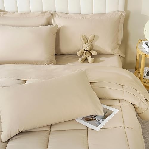 DOWNCOOL Juego de edredón tamaño Queen, 7 piezas de ropa de cama Queen beige, cama alternativa para todas las estaciones, cama en una bolsa, tamaño