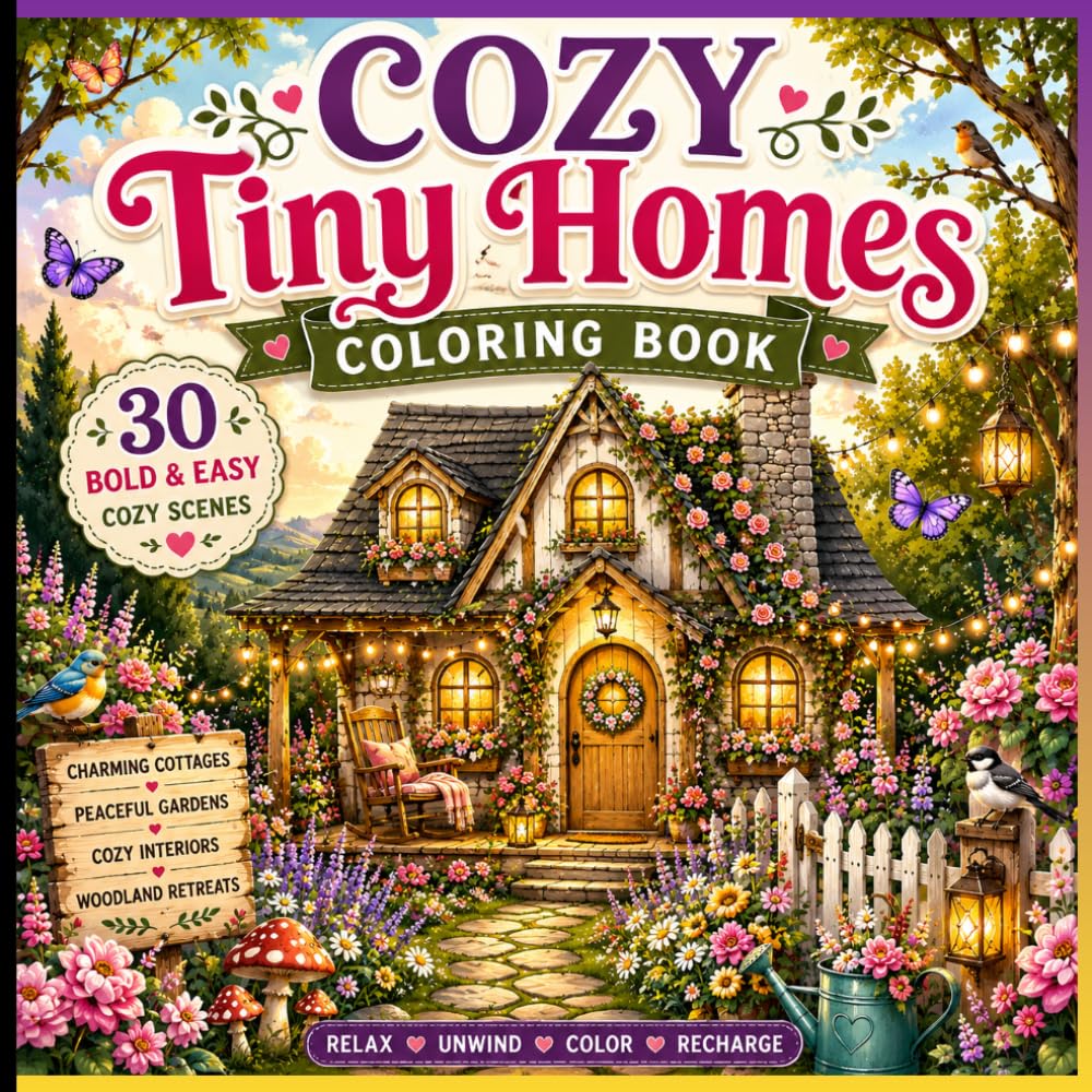 Cozy Tiny Homes Coloring Book: 30 Bold & Easy Cottagecore Scenes Featuring Tiny Cabins, Peaceful Gardens, Cozy Interiors, Woodland Retreats & Charming Tiny Houses for Relaxation