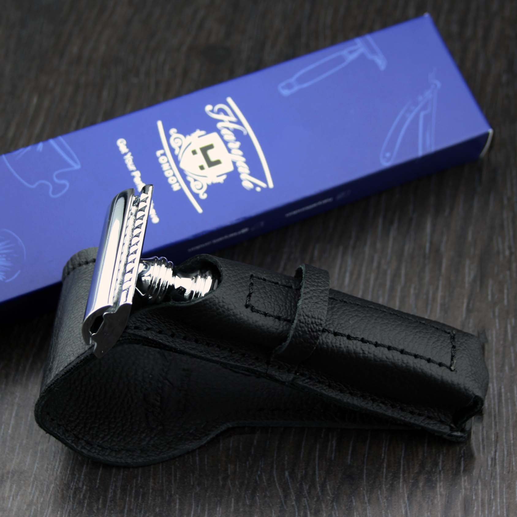 Classic DE Safety Razor Featuring Silver Antique Inspired Handle & Leather Protective Case (No Blades Included) > Retro Wet Shaving for Men | Gent's Grooming Gift