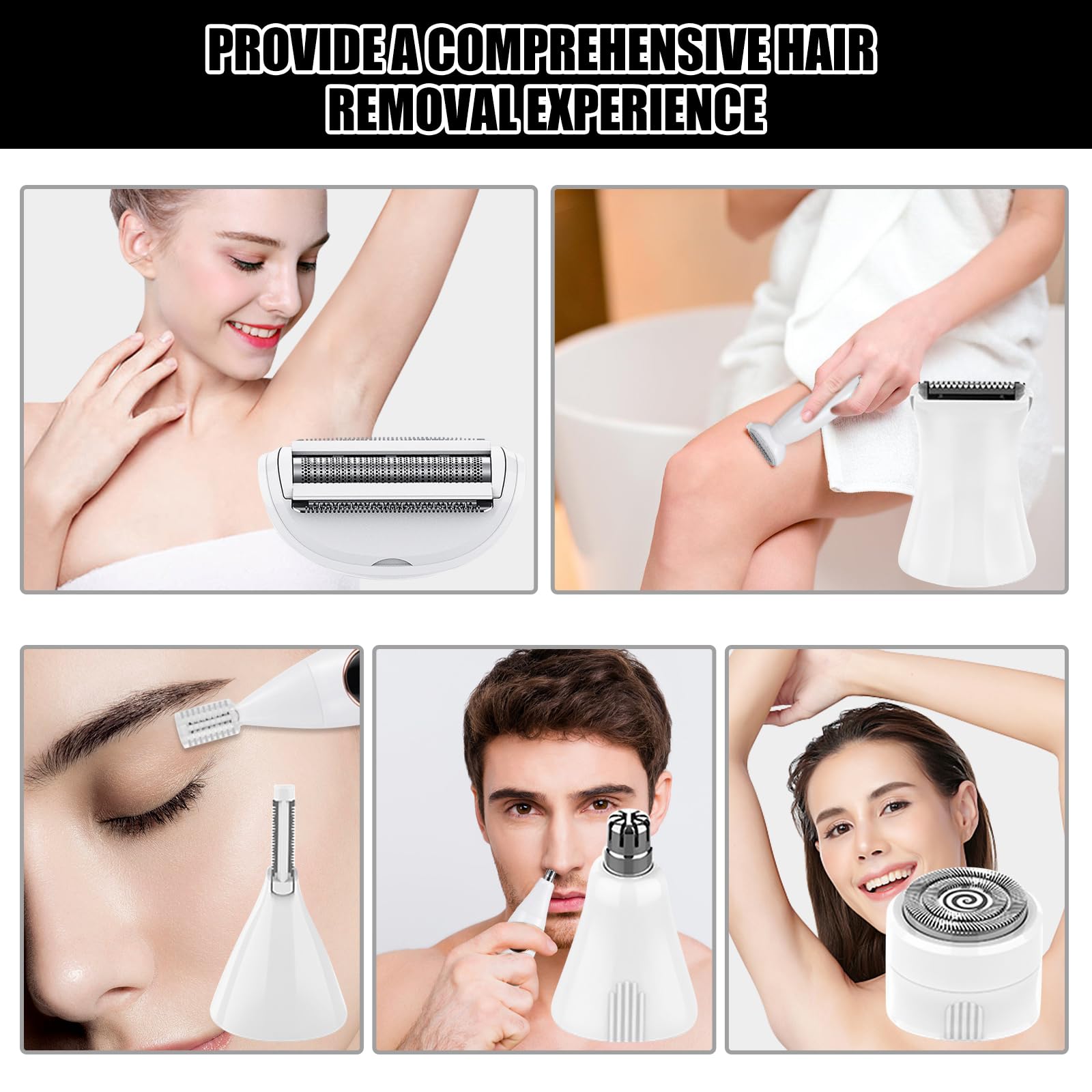 Rasoio elettrico da donna 5 in 1 rasoio intimo da donna IPX7 impermeabile per rasatura bagnata e asciutta, ricaricabile con USB, trimmer per zona bikini, ascelle, gambe e viso