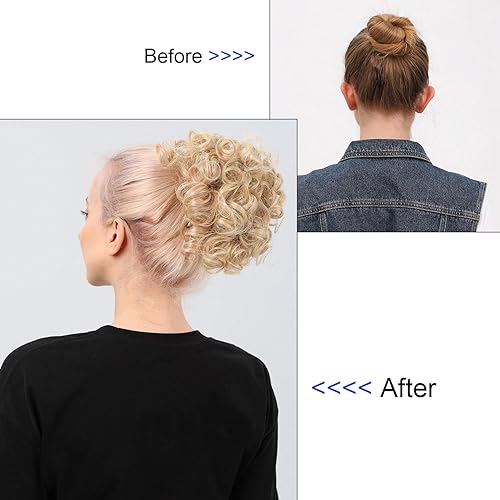 Miniatura 5 de Moño de pelo rizado sintético resistente al calor, moño de pelo desordenado con cordón (marrón claro)