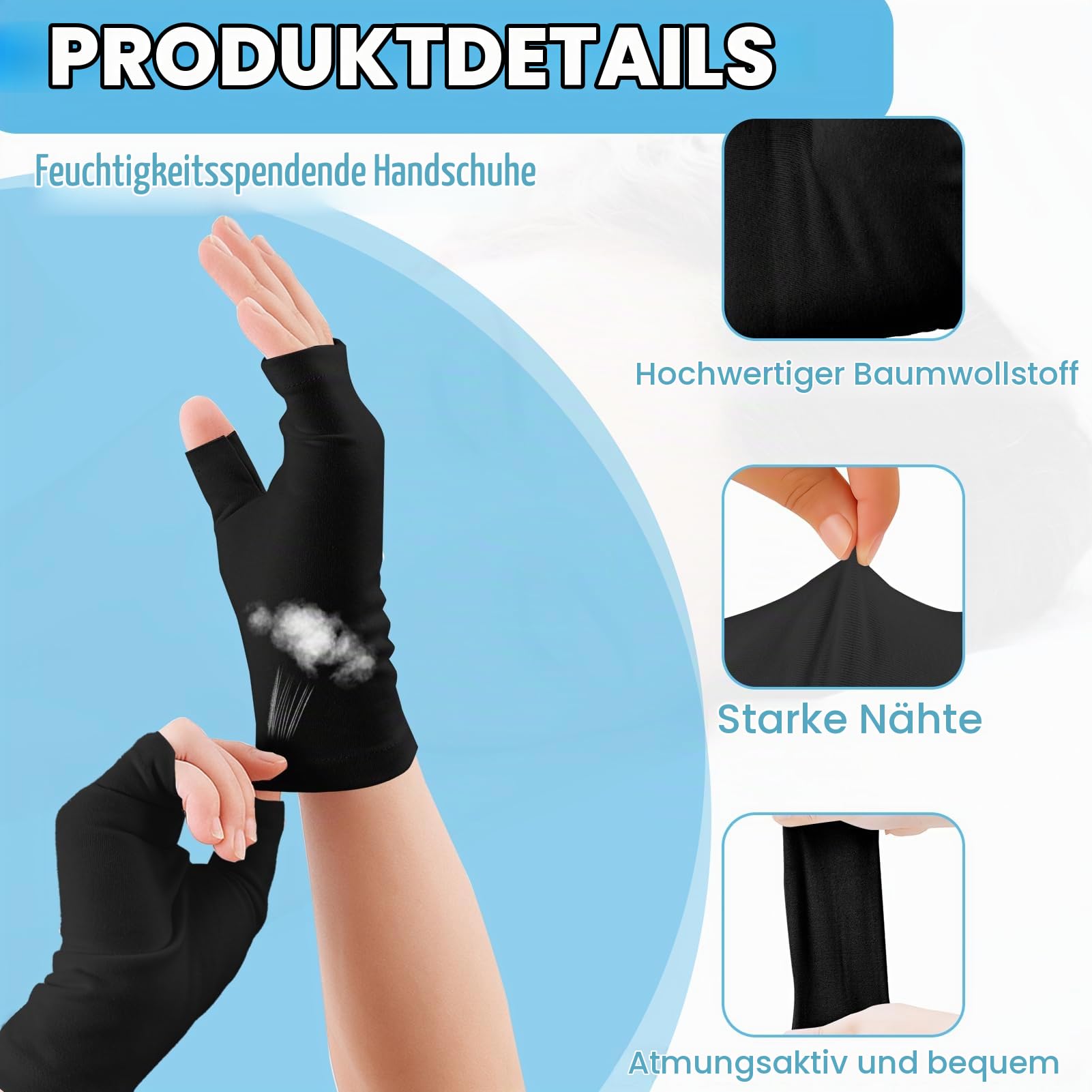 6 Paar Fingerlose Baumwollhandschuhe Neurodermitis (Schwarz)