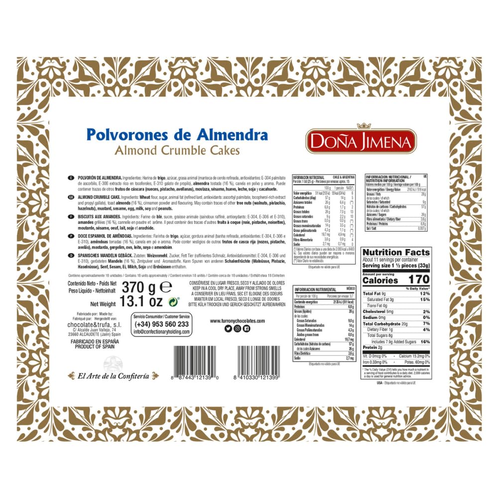 DOÑA JIMENA - Polvorón Excellence, Calidad Suprema, Típico Dulce Navideño, Polvoron Almendra, Exquisitos, Receta Artesanal, 370g