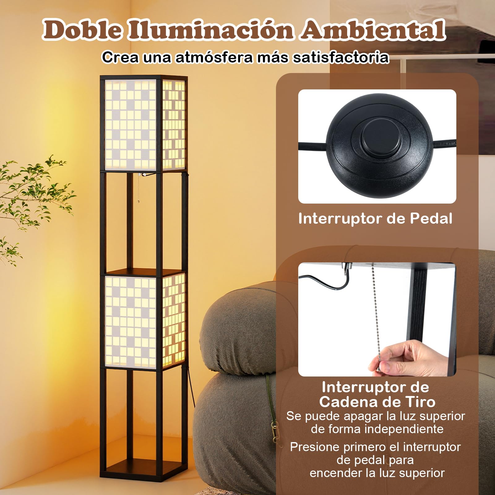 COSTWAY Lámpara de Pie con 2 Luces y Estantes, Lámpara de Madera con 2 Pantallas con Patrones Recortados, Lampara de Pie Salon, Dormitorio, Estudio y Oficina, Requiere Bombillas E27 (Diseño de cuadro)