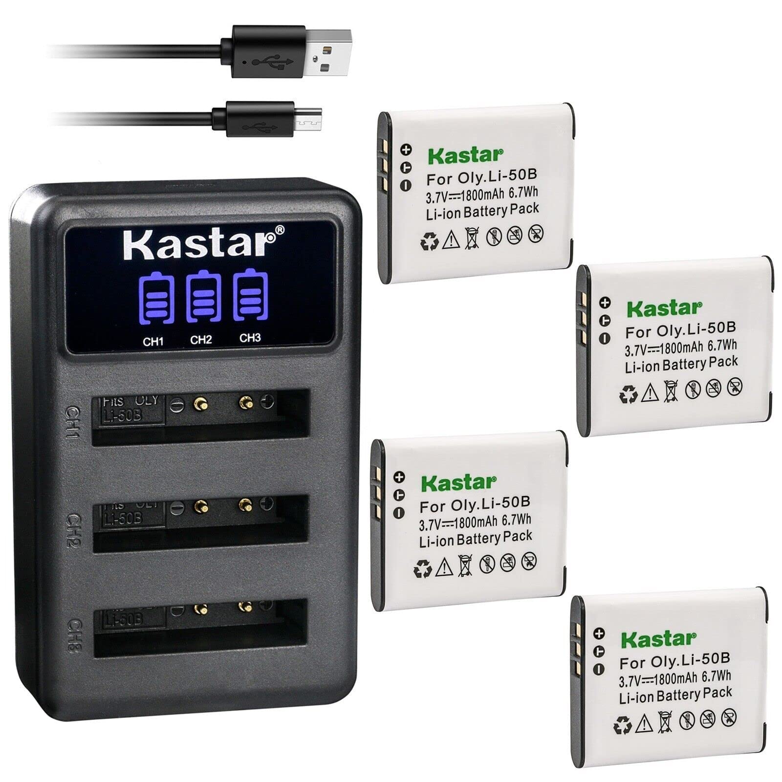 Kastar 4 Pack Battery and LCD Triple USB Charger Compatible with Olympus Li-50B Battery, Li-50C Charger, Olympus XZ-1, XZ-10, Tough 6000, Tough 6010,