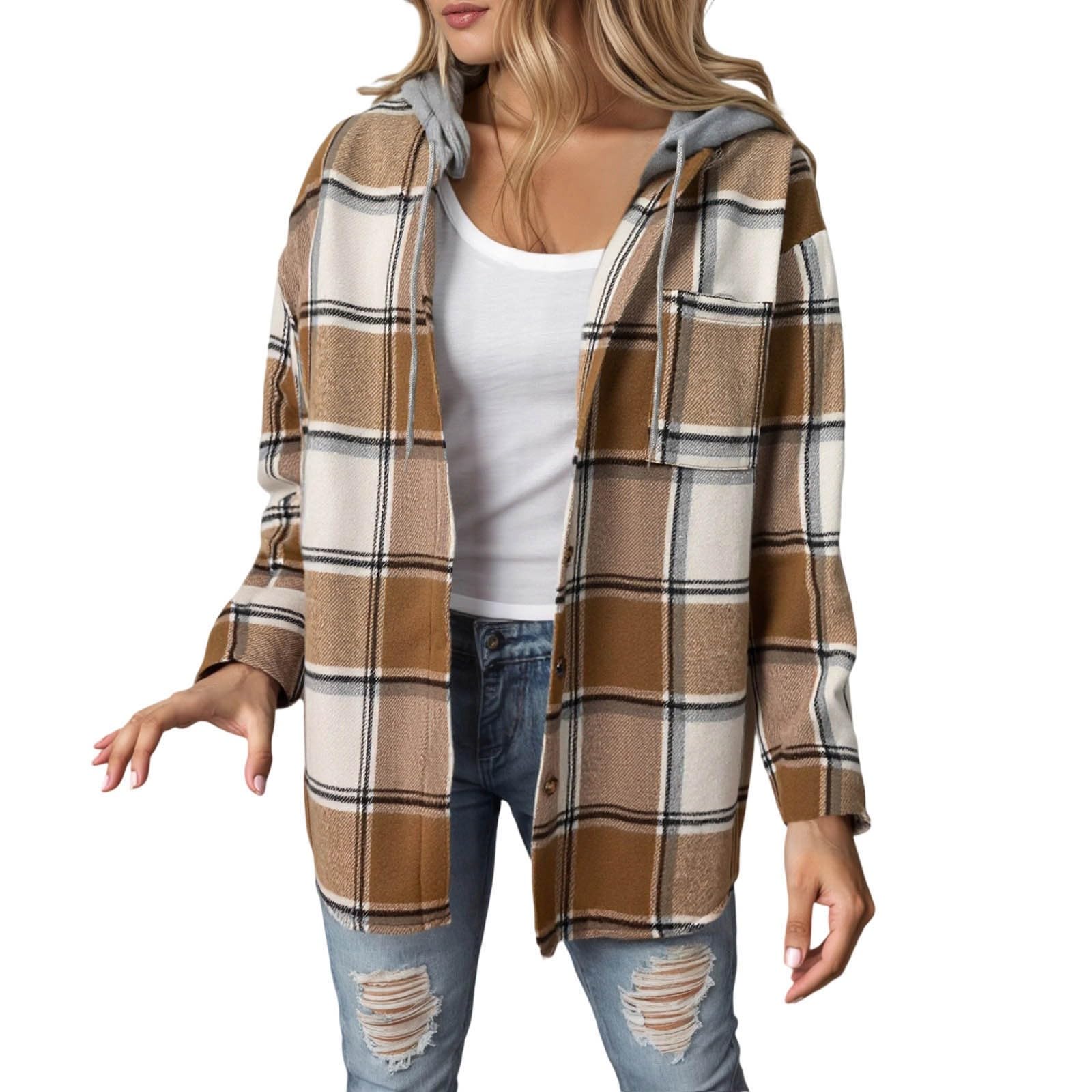 Genérico Cazadora Bomber Mujer - Sudadera con Capucha Y Estampado A Cuadros Informal De Talla Grande con Botones Holgada De Manga Larga para Exteriores