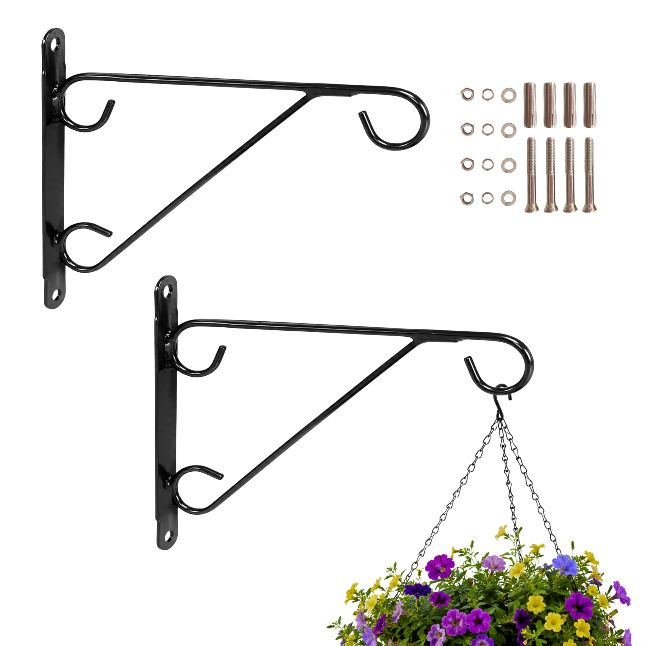 Garden Mile 2 Pack Extra Strong Outdoor Plant Hanger Hooks 12/14" Heavy Duty Steel Wall Brackets for Hanging Baskets, Lanterns & Bird Feeders Black Powder Coated Garden Wall Mount with Fixings