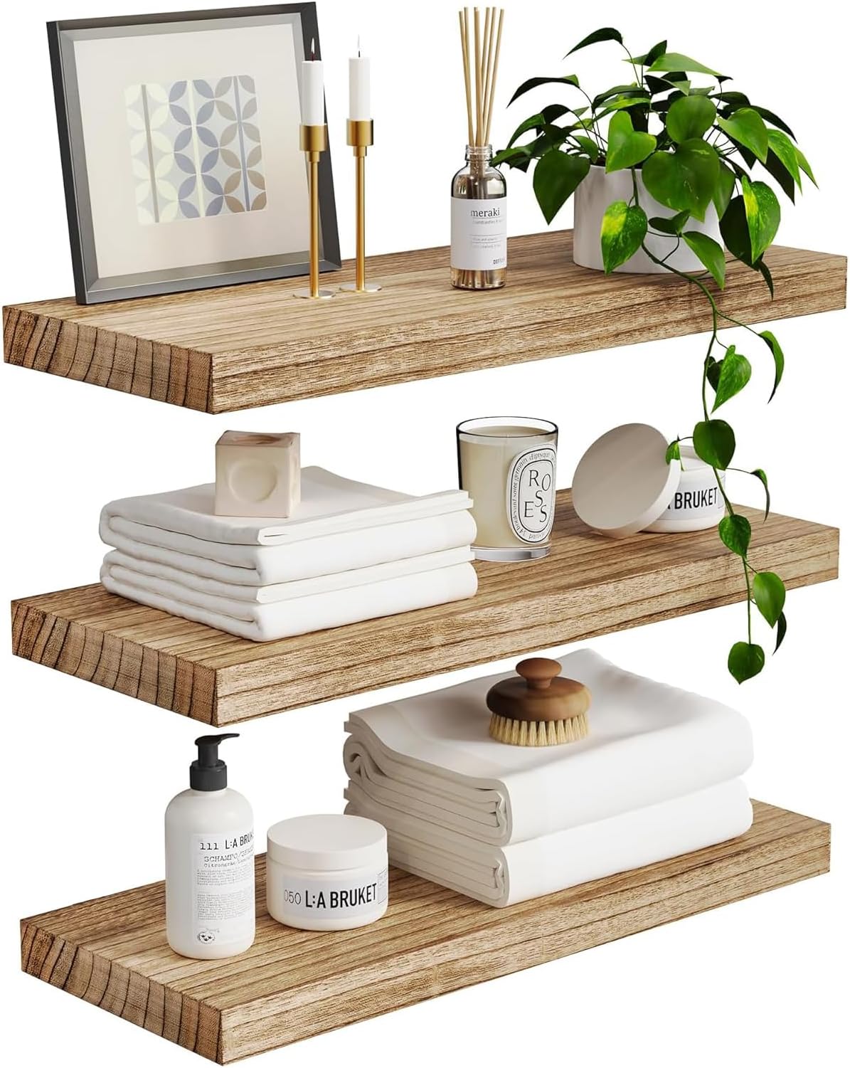 Junw 3 Pack Floating Shelves for Wall, Nature Wood Wall Shelf, 41cm Rustic Farmhouse Wooden Shelves for Kitchen, Living Room, Bedroom, Bathroom Storage