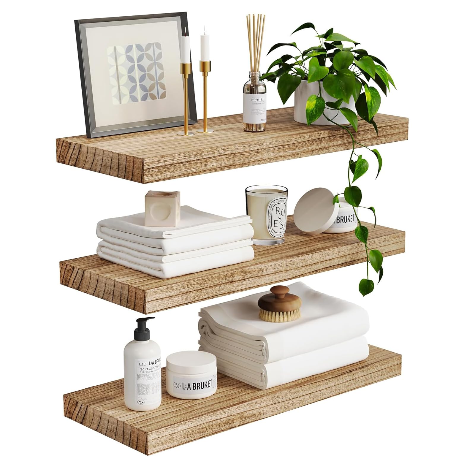 Junw 3 Pack Floating Shelves for Wall, Nature Wood Wall Shelf, 41cm Rustic Farmhouse Wooden Shelves for Kitchen, Living Room, Bedroom, Bathroom Storage