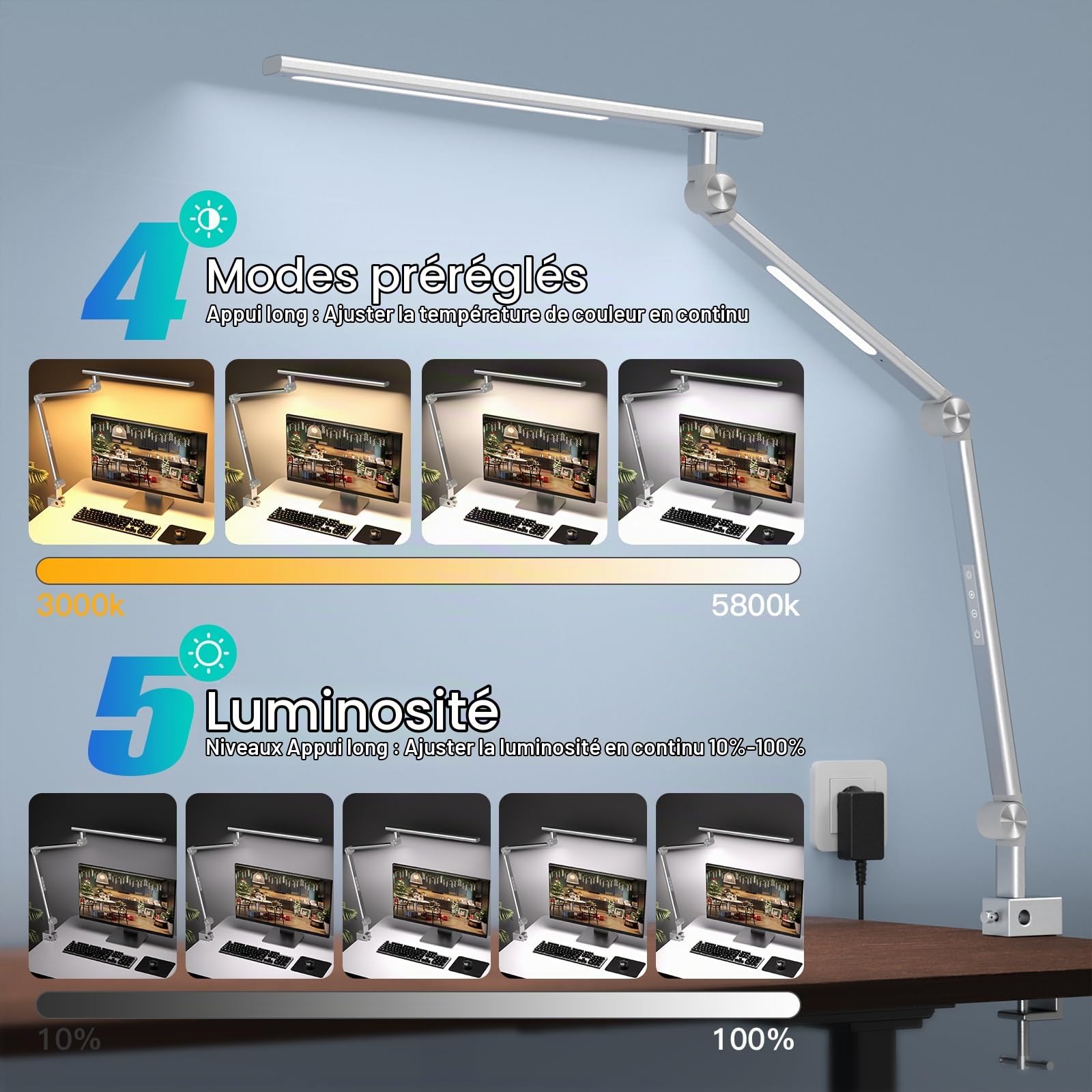 VERSKI Lampe de bureau LED, intensité variable 18 W, lampe de bureau pour la maison, le bureau, protection des yeux, lampe de lumière du jour, 5 températures de couleur et luminosité réglables