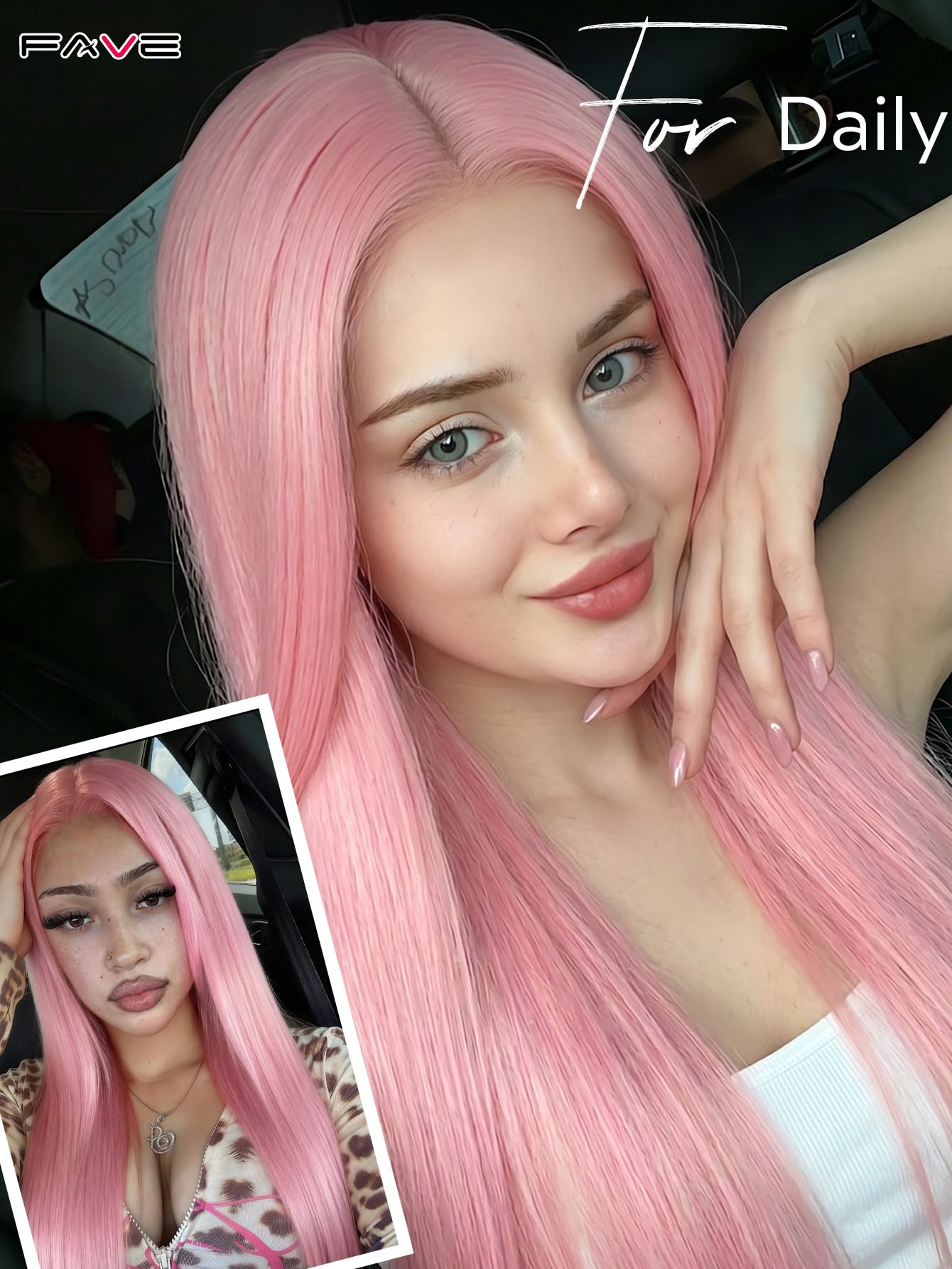 FAVE 65 cm Hellrosa Perücke, Hitzebeständige Synthetik-Perücke für Damen mit Mittelscheitel, Natürlich Aussehende Lange Perücke für Party, Alltag & Cosplay