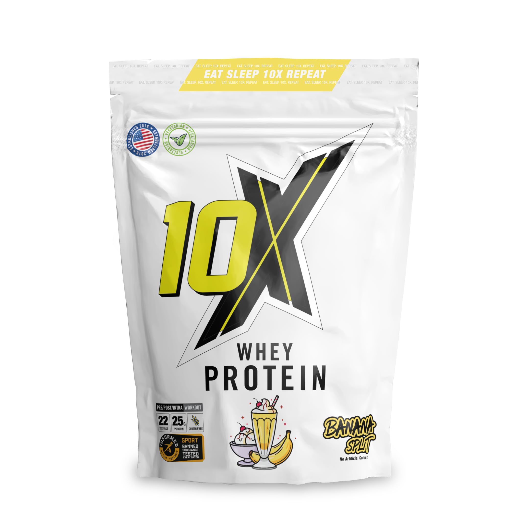 10X Athletic Whey Protein Powder - Banana Split, 770g (22 Servings), Low-Calorie, Gluten-Free & Vegetarian, Fast Absorption for Muscle Recovery, Ideal for Weight Loss & Training