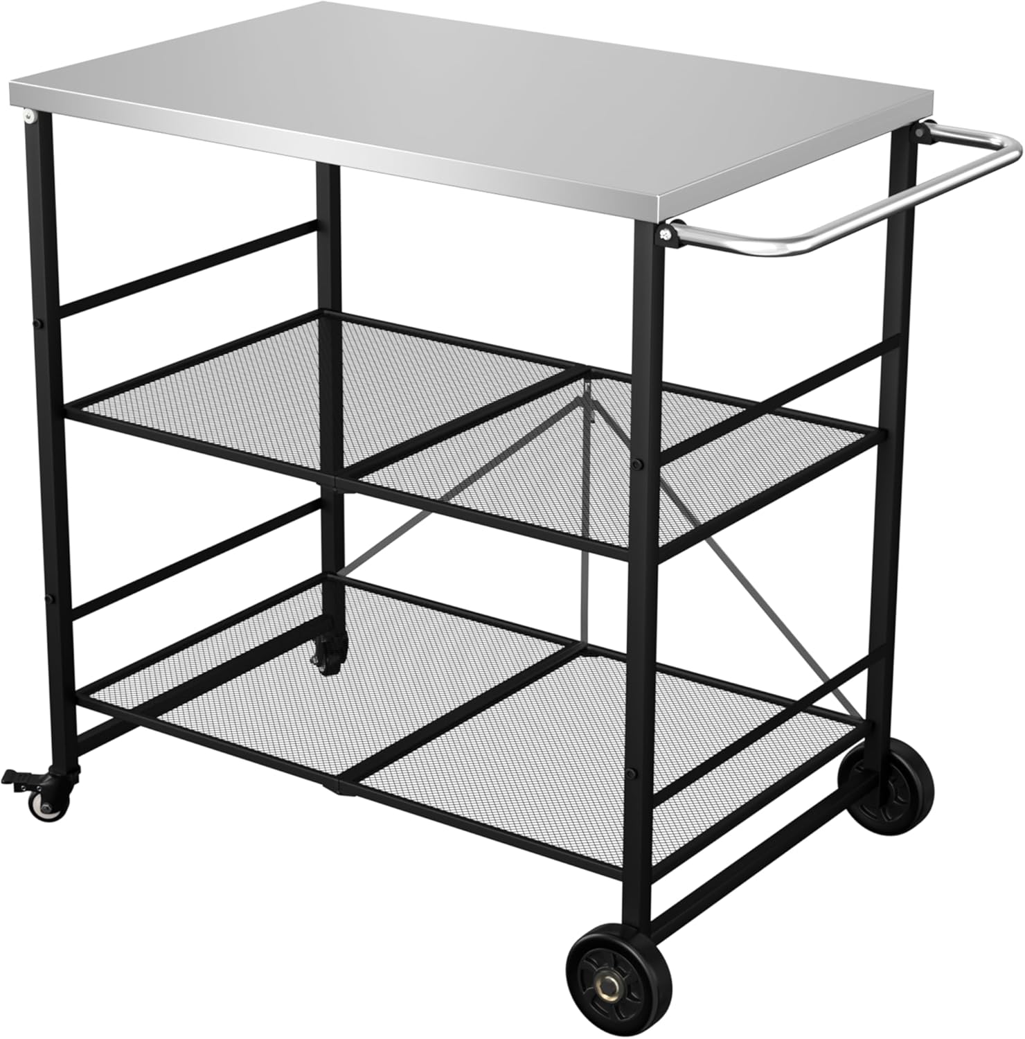 MUPATER Outdoor Folding Grill Cart, Portable Outdoor Grill Table with Smooth Wheels and 2 Shelves, Portable Stainless Steel Grill Cart for BBQ and Outdoor Camping, Patio