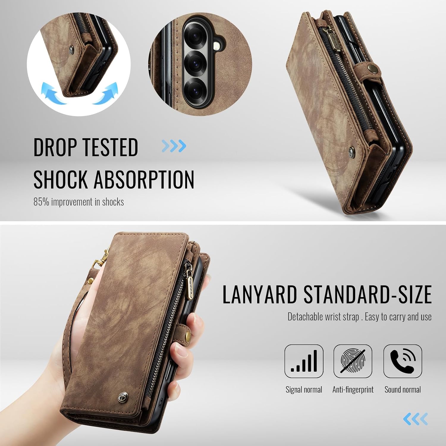 CaseMe Wallet Case for Samsung Galaxy Z Fold 7, Multi-Function Retro Handmade Durable Leather Zipper Wrist Strap Magnetic Closure Case with Card Slots and S-Pen Holder for Galaxy Z Fold 7 (Brown)