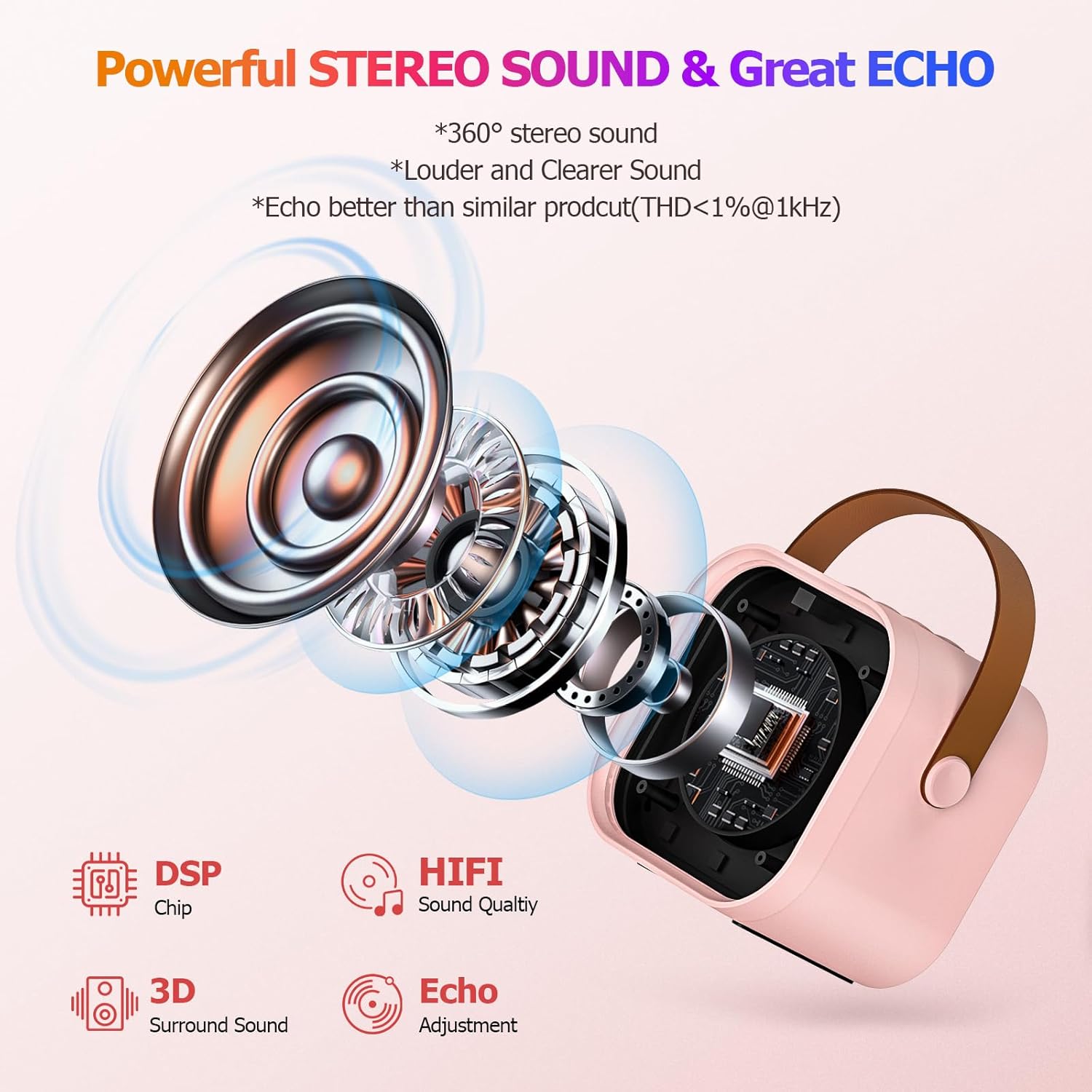 Mini Karaoke Machine with 2 Wireless Microphone, Portable Pink Bluetooth Speaker for Kids Adult, Birthday Teen Toys Gifts Ideas for Girls Ages 4 5 6 7 8 9 10 11 12+ Year Old, Family Home Party - Image 4