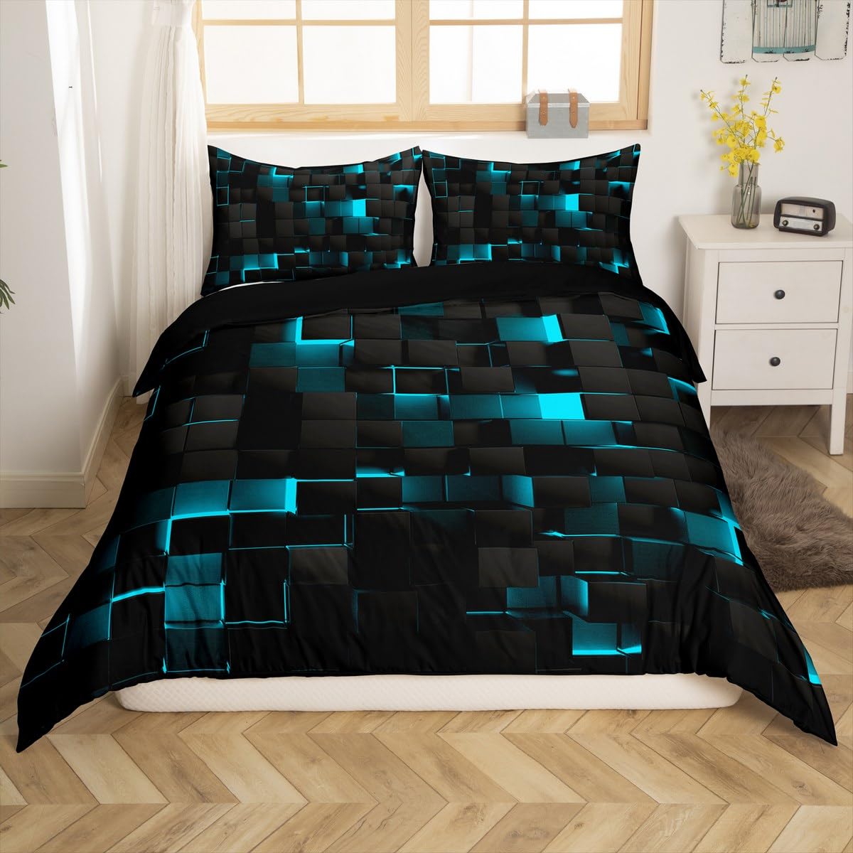 Teal And Black Bedding Sets King,Neon Turquoise Geometric Check Comforter Cover For Kids Boys Girls Adults Stereoscopic Abstract Plaid Grids Duvet Cover Square Quilt Cover - Image 2