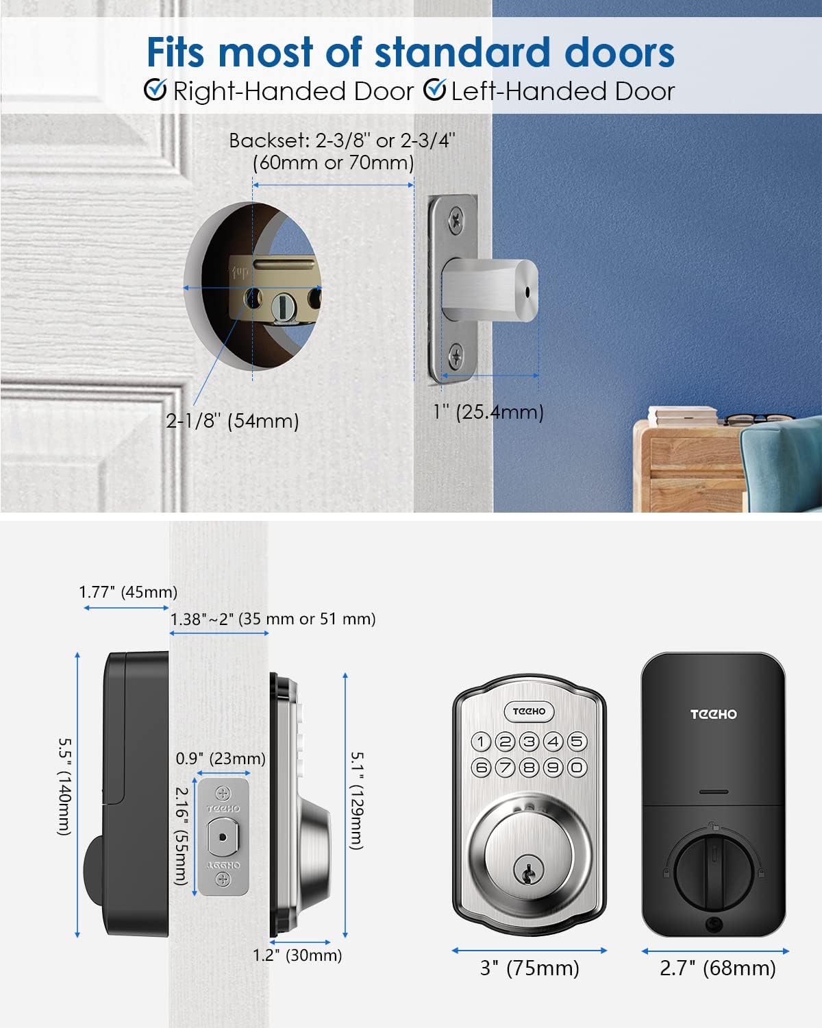 Keyless Entry Door Lock - TEEHO Keypad Door Lock - Smart Door Lock with Keypads - Deadbolt Smart Lock - IP54 Weatherproofing-Satin Nickel - - 