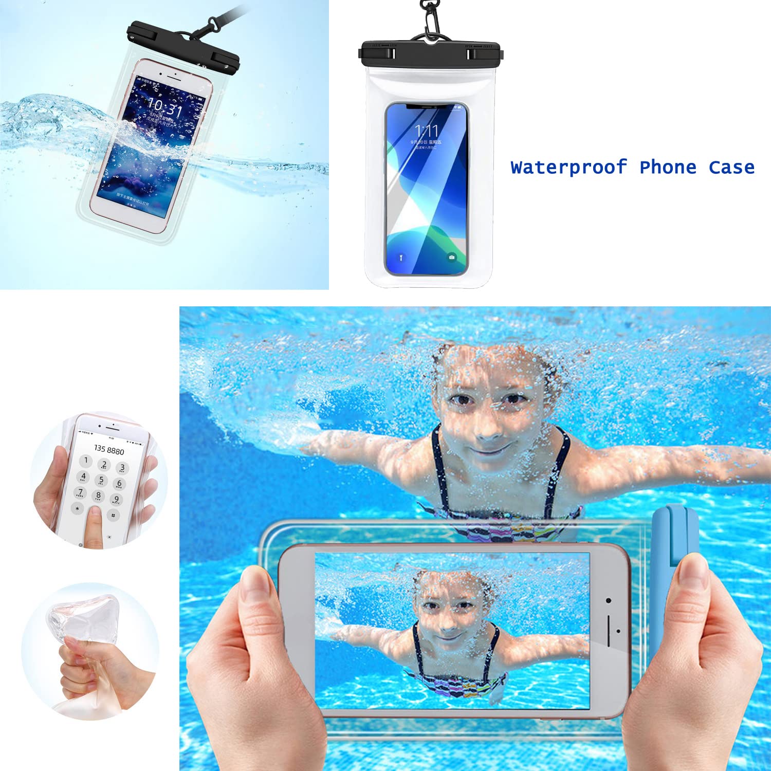 Sac fourre-tout de plage imperméable et lavable avec étui de téléphone étanche en EVA portable avec trous pour la plage, l'extérieur, le bateau, la piscine, le travail, le sport, Orange