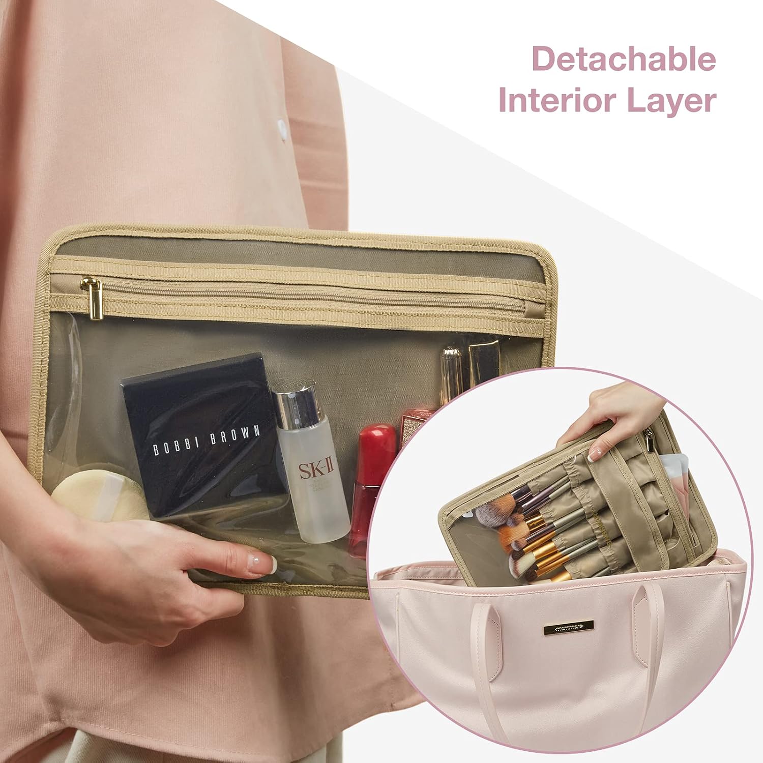 Travel Makeup Bag,BAGSMART Double-Layer Makeup Case Leather Makeup Organizer Bag Train Case Cosmetic Bag for Makeup Brushes Palettes Sponge Toiletries,Large,Pink : Beauty & Personal Care