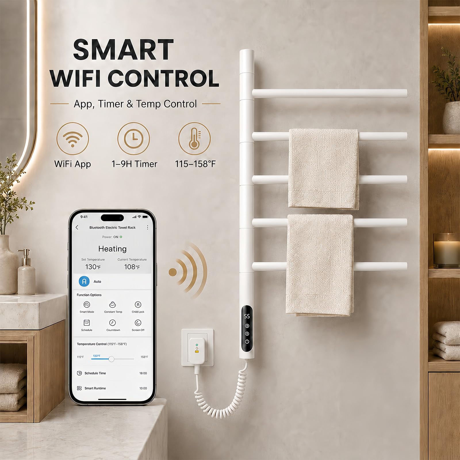 BANGBANGJI Timer Smart, Scaldasalviette Elettrico per Bagno Moderno White