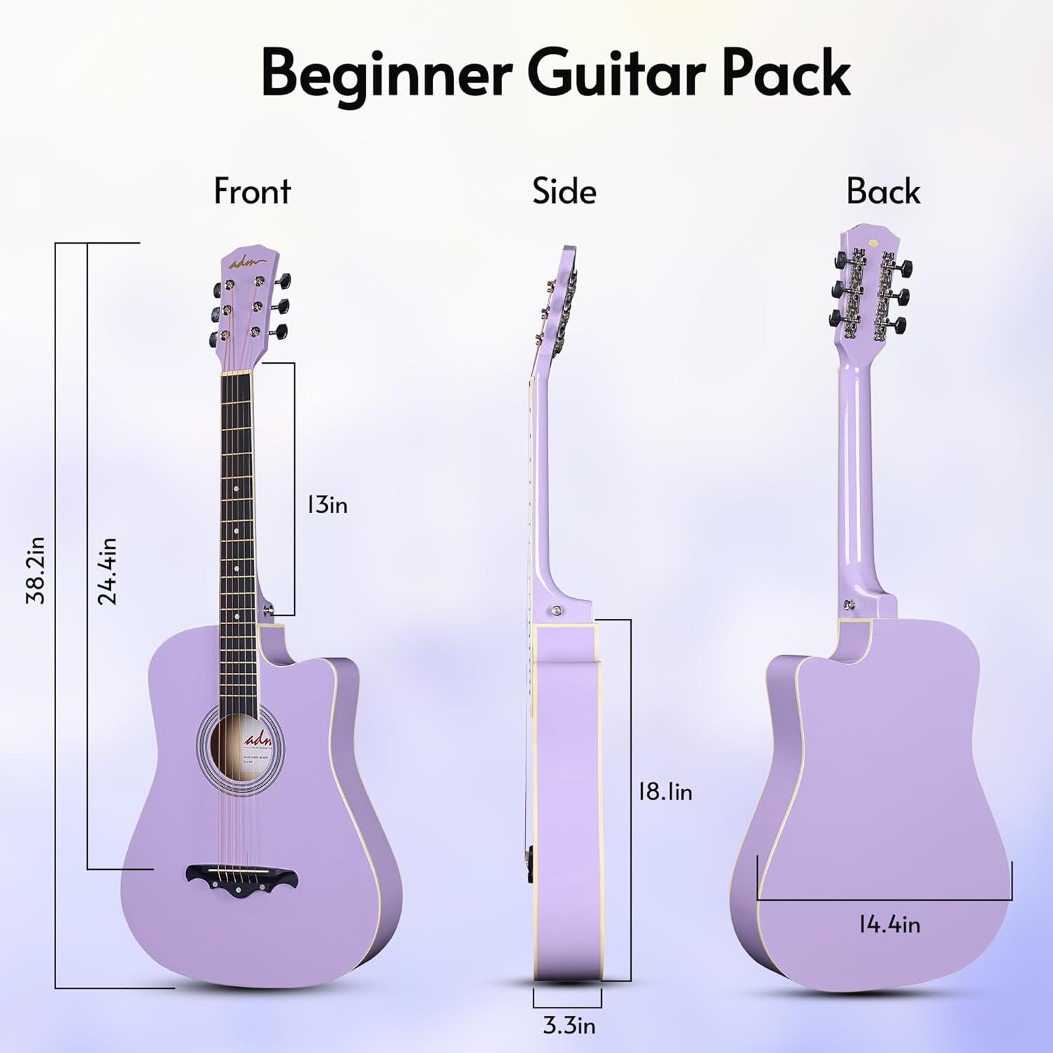 ADM 38" Inch Acoustic Guitar Bundle for Beginners Adults with Online Lesson, Cutaway Wood Acustica Guitarra Starter Set Package with Gig Bag, Strap, Steel Strings, Picks, Capos, Stand, Purple 1 38 Inch Purple 1