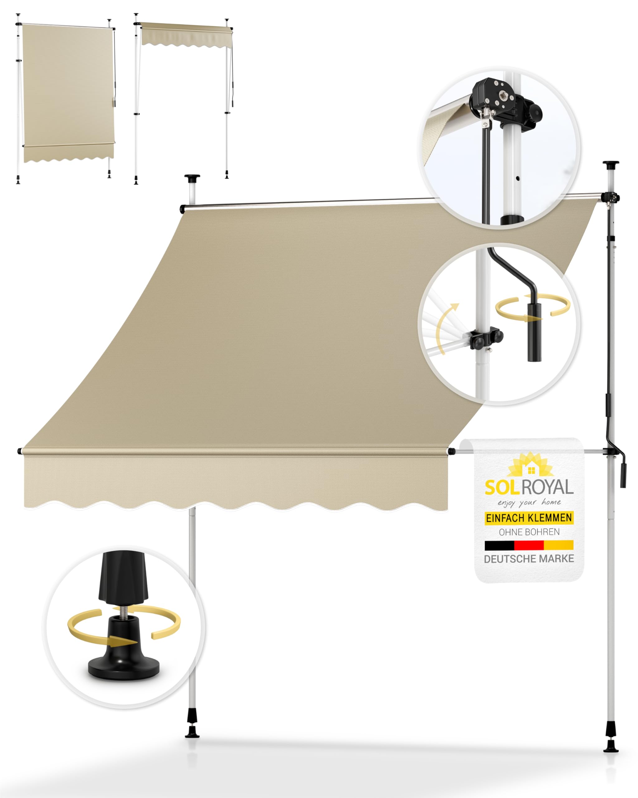 Sol Royal Klemmmarkise 2m breit ohne Bohren – Klemm-Markise mit Handkurbel Balkon Terrassen Sonnenschutz - Standmarkise Beige UV-Beständig Balkonmarkise zum Klemmen Witterungsbeständig BM3