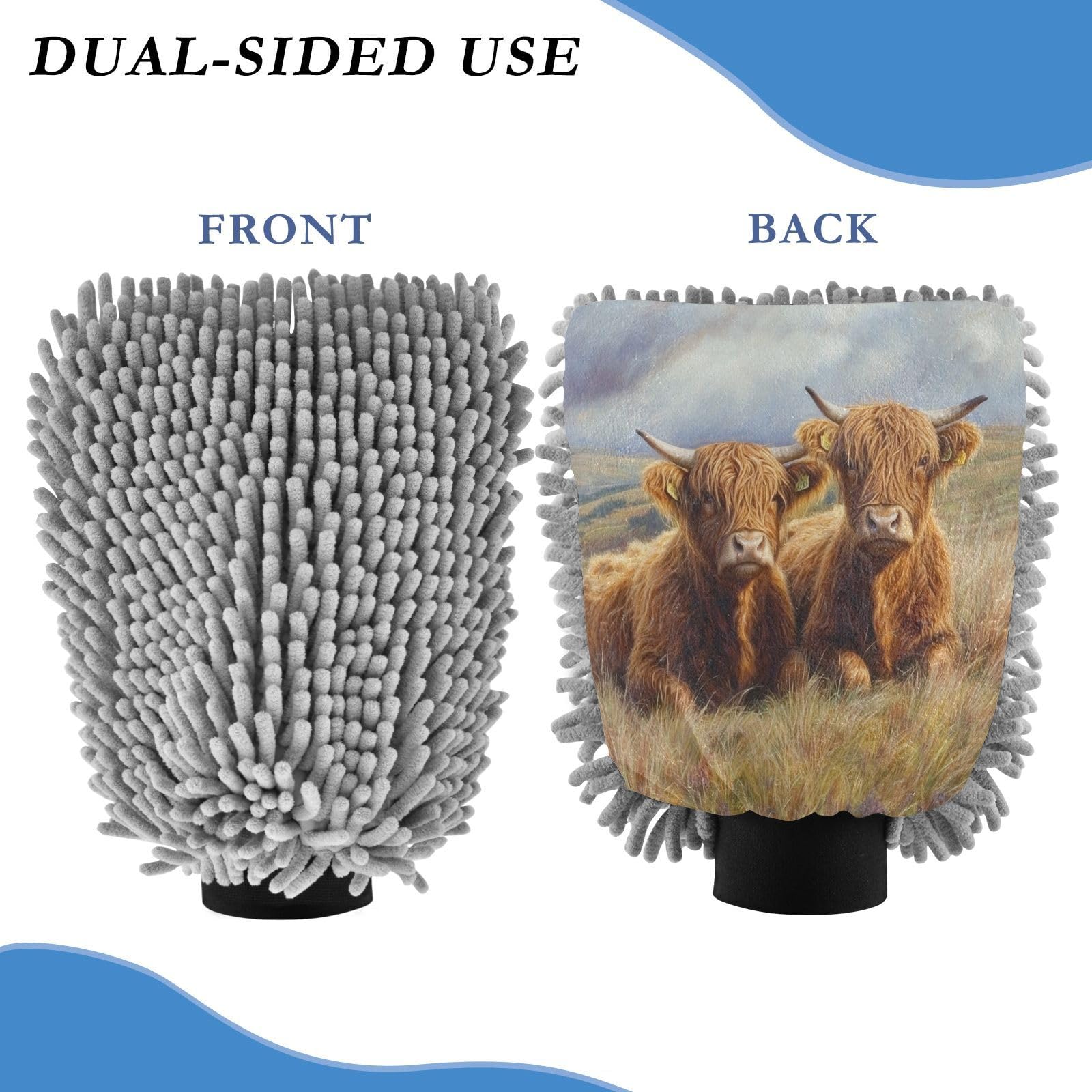 Flradish 2 Pack Highland Cow Car Wash Mitt Chenille Microfiber Lint-Free Scratch Free Ultra-Soft Absorbent Car Wash Mitt 11.8x8.07 Inch