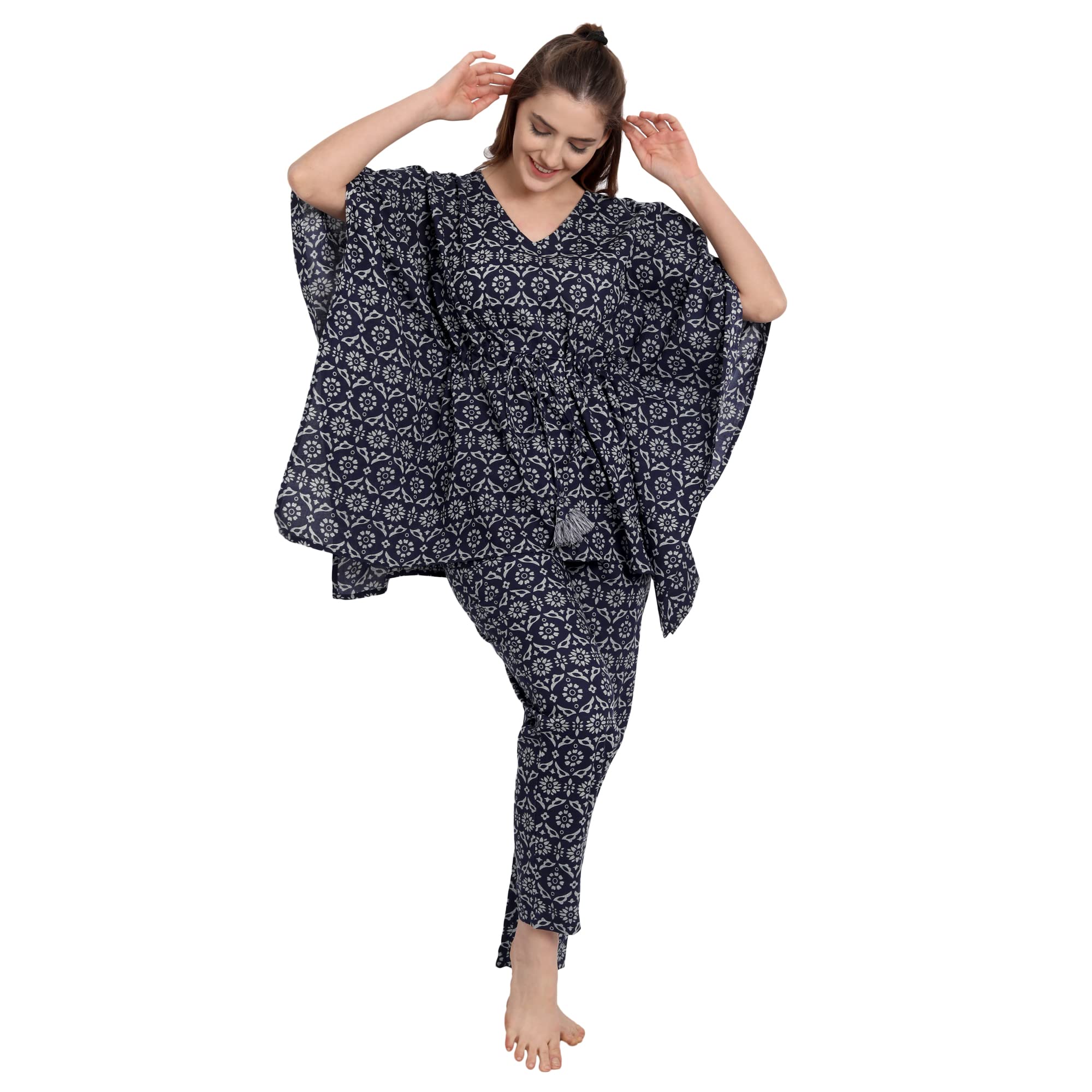 Women Cotton Multicolor Printed Kaftan Night Suit Set-image-38