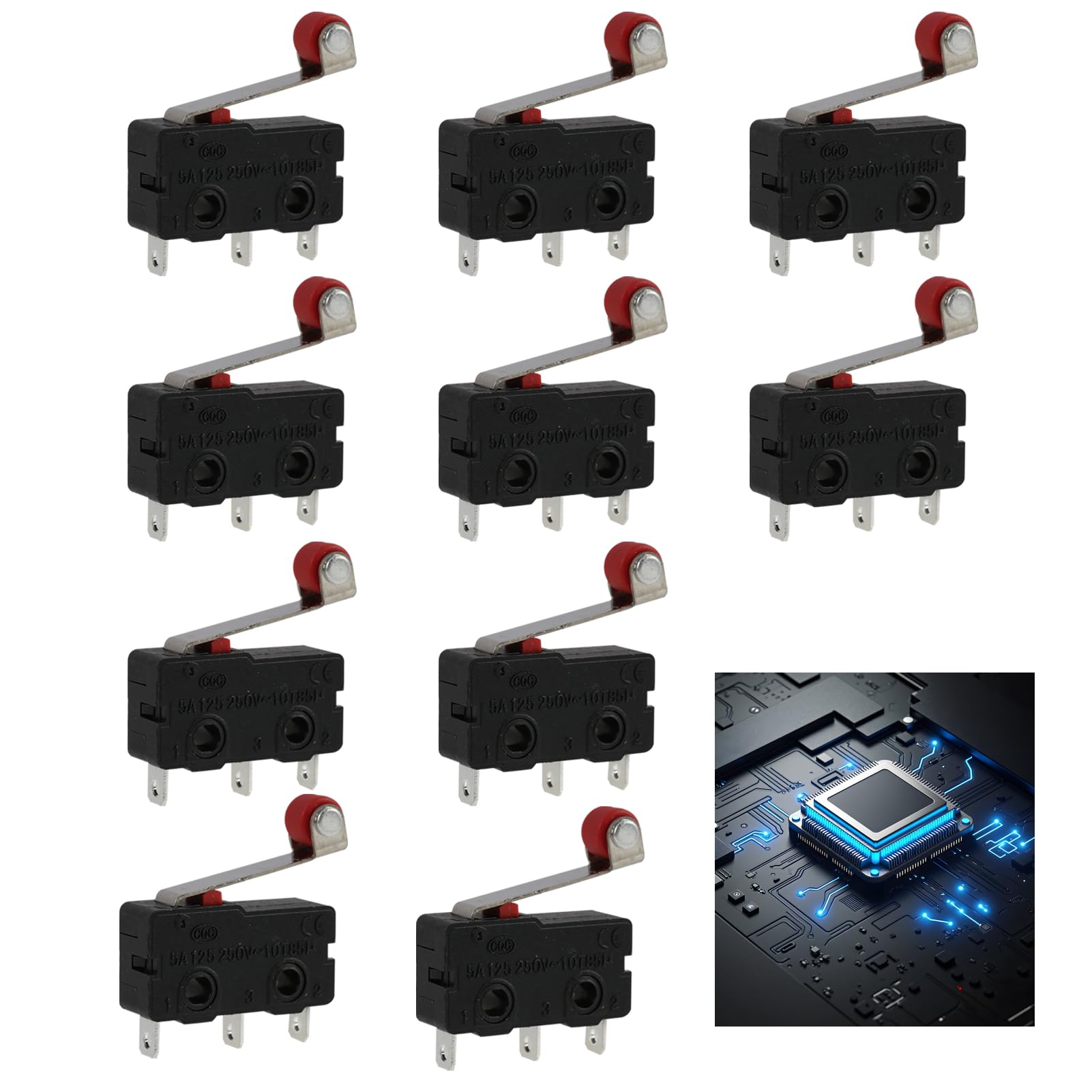 10 Pièces Micro Switch avec Levier à Rouleau, Micro Interrupteur Fin de Course SPDT 250V 5A, Interrupteur 3 Broches COM NO NC, Contacteur Unipolaire Bidirectionnel Miniature pour Automatisation