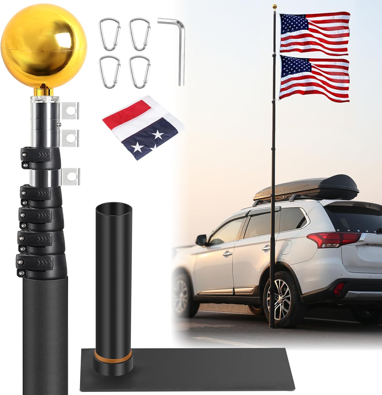 20FT Tailgate Flag Pole with Tire Mount,Portable Flag Pole with 20" Car Scratch-Proof Protective Tube,Thickened Aluminum Flag Pole with US Flag for Camping,60 MPH,Dual Flag Mount Telescopic/20FT/with Tire Base