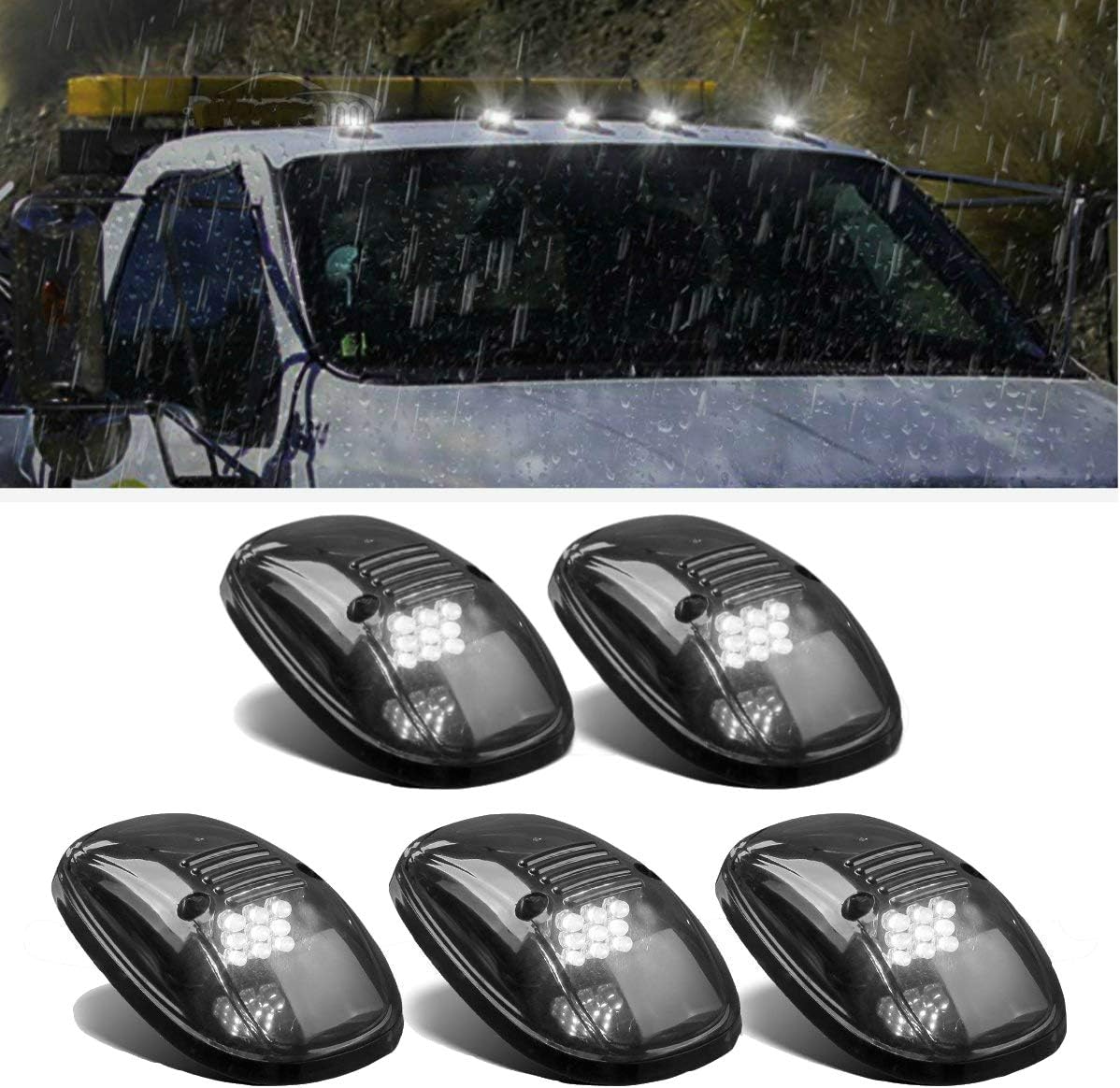 5pcs Cab Roof Marker Lights, Roof Top Lamp Running Light Replacement for 1999-2002 Dodge Ram 1500 2500 3500 4500, and other Truck ,SUV (Black Smoked Lens With White LED)