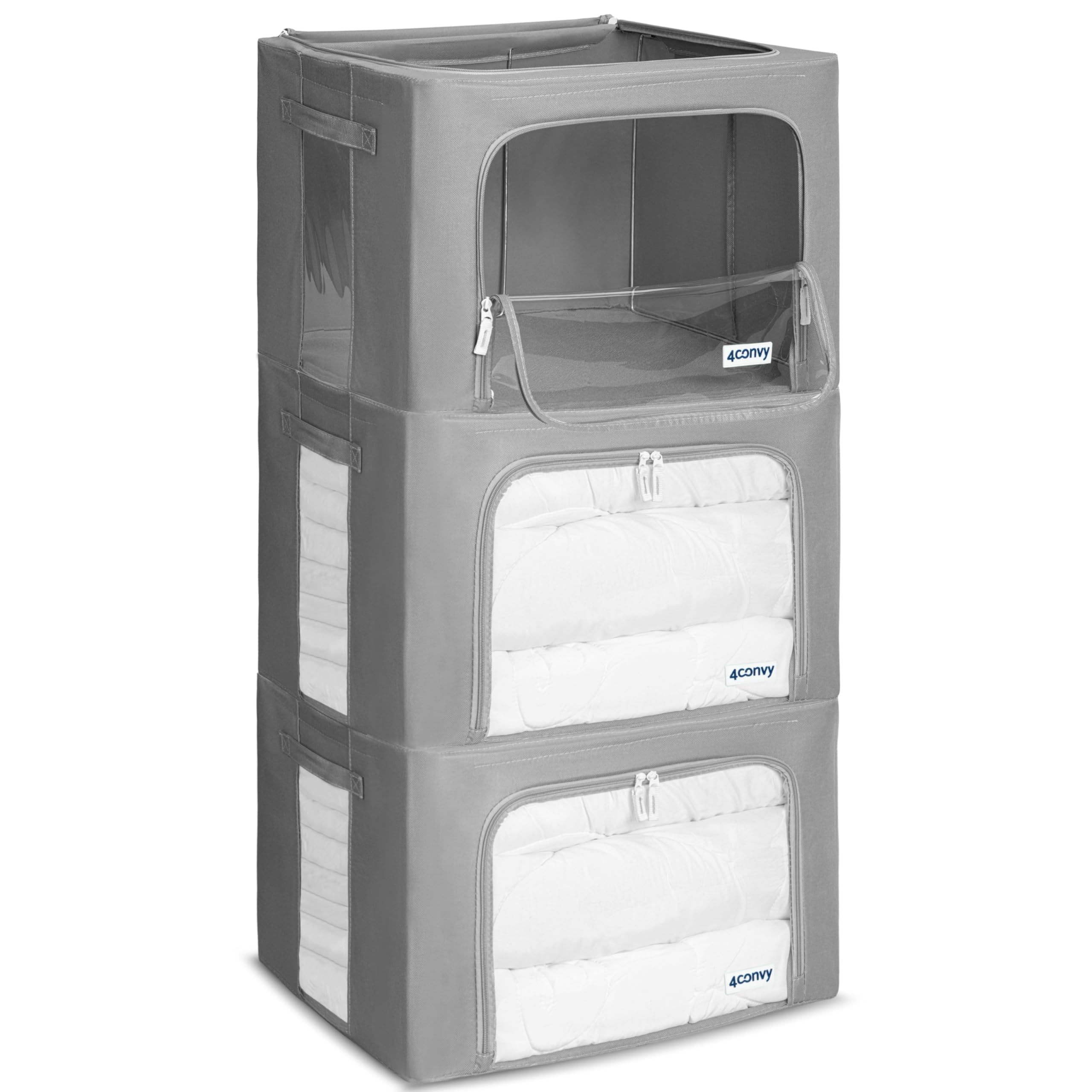 4CONVY Foldable Clothes Storage Boxes with Steel Frame - Stackable Storage Bags with Zipper - Collapsible Wardrobe Organiser for Clothes, Bedding with Clear Window & Durable Handles - 3x66L