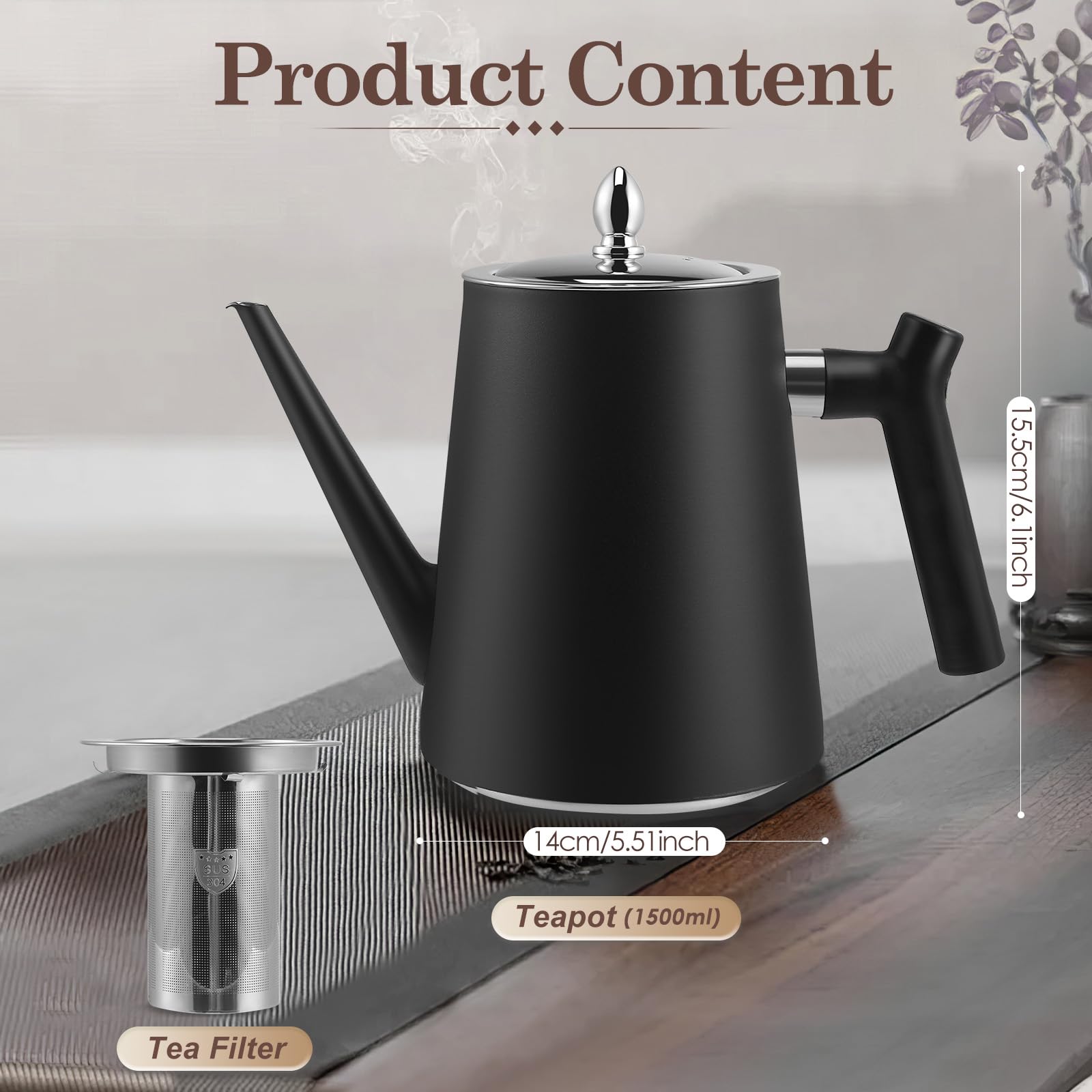 Teekanne Edelstahl mit Siebeinsatz, 1.5L Schwarzer Teekanne mit Hitzebeständigem Griff für Obstkräuter und Infusionstee, Doppelwandig isolierte Edelstahl teekanne Für Tee Kaffee (1)