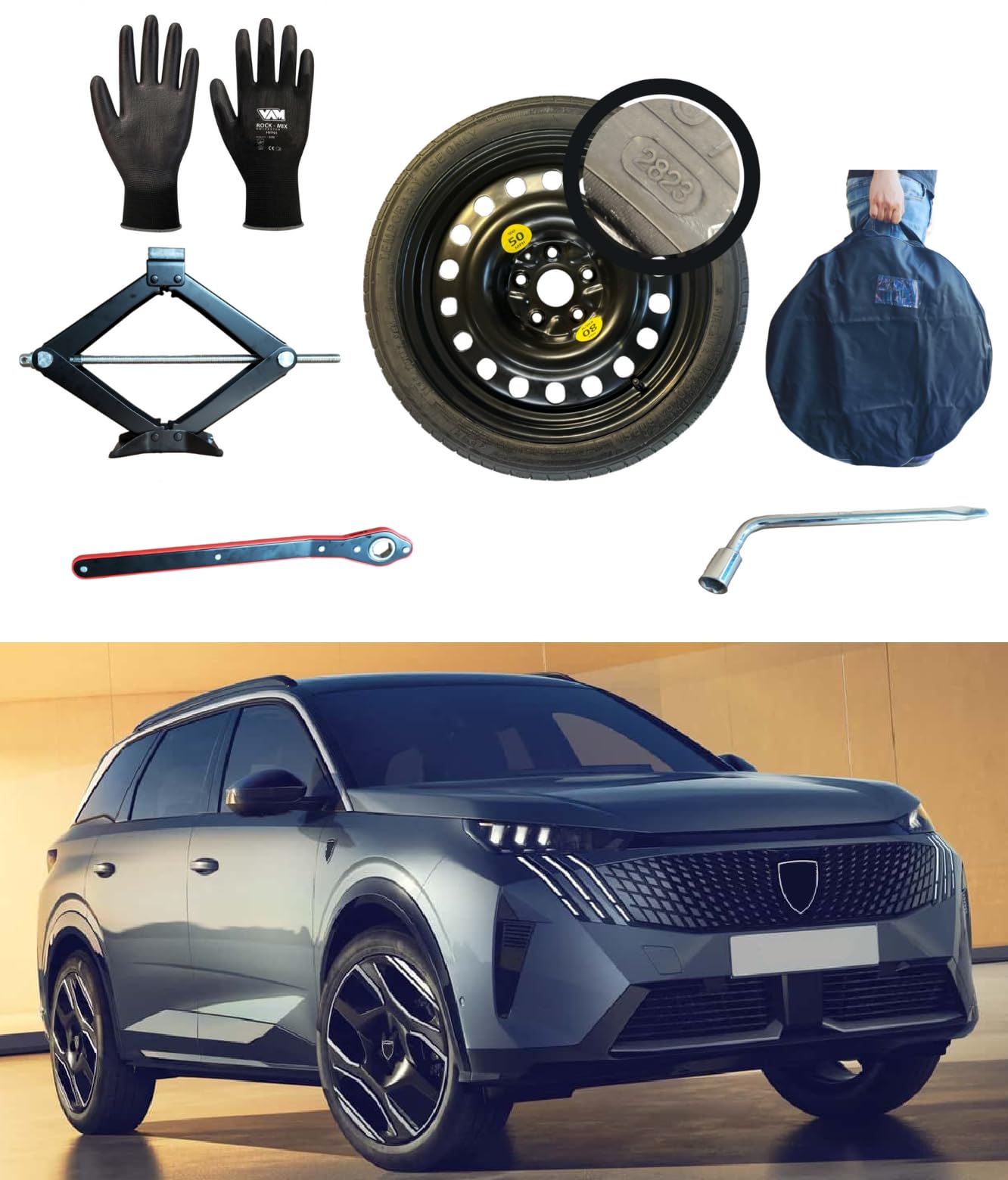 Kit rueda de repuesto 18" compatible con Peugeot 5008 (2017>) con gato, llave, guantes y bolsa