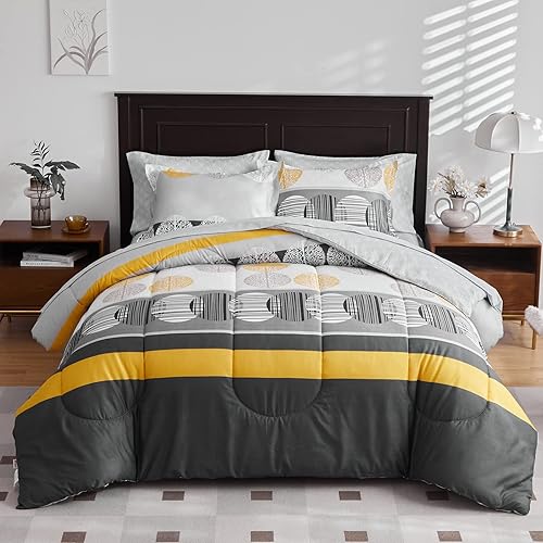 Miniatura 3 de Juego de sábanas de 6 piezas en una bolsa, tamaño individual, color negro, gris, amarillo, con círculos, para todas las estaciones (1 edredón, 2