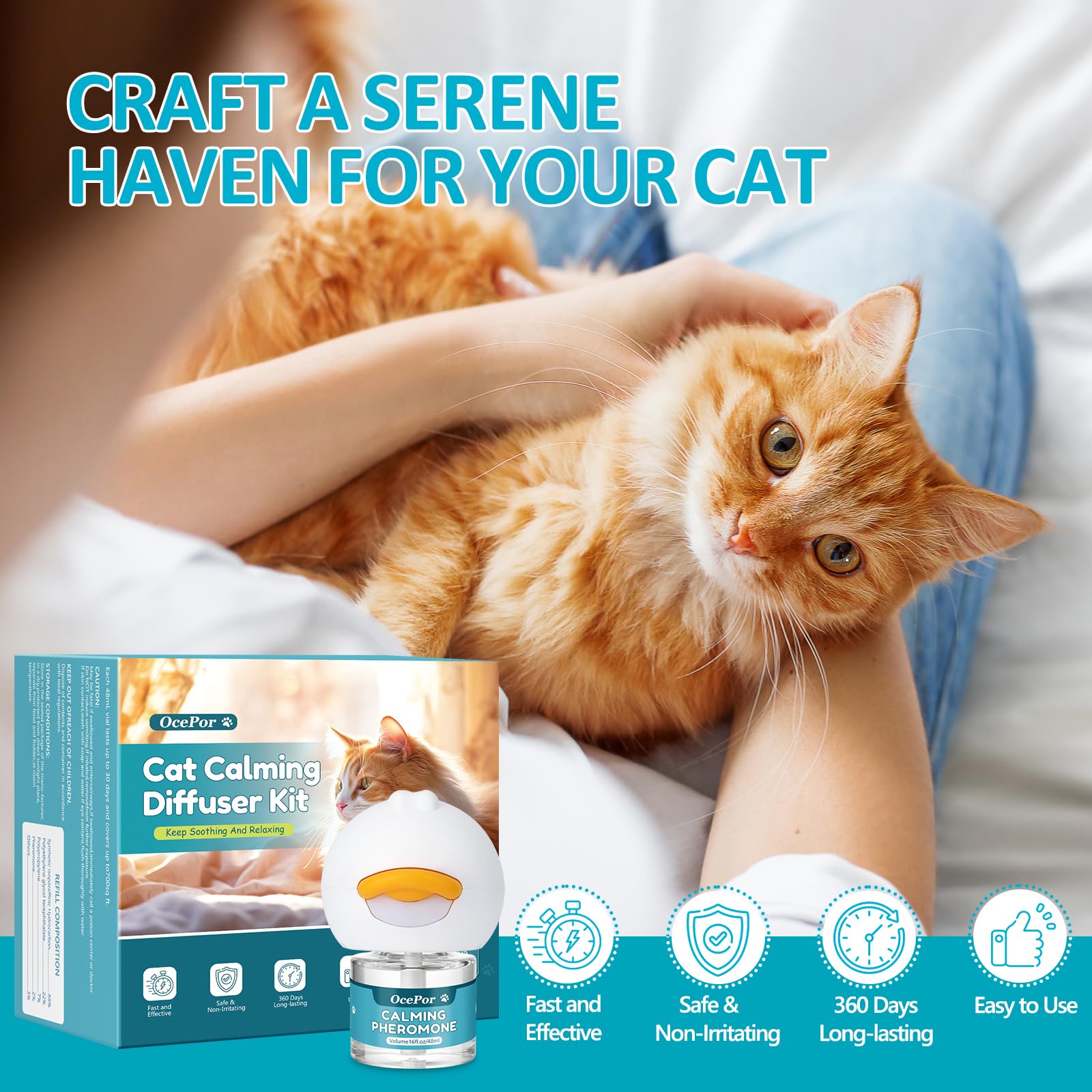 OcePor Diffuseur apaisant pour chat, 12 solutions de recharge, 3 prises - Recharge de diffuseur apaisant de phéromones pour apaiser les chats, soulager l'anxiété des chats