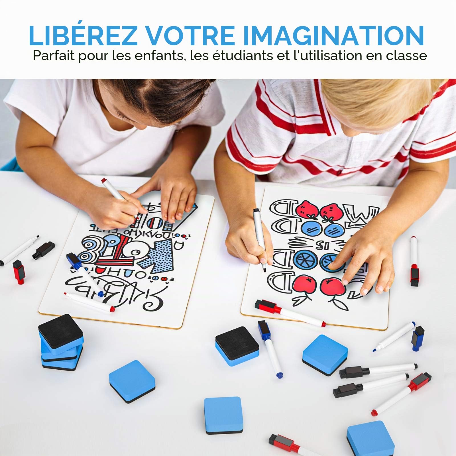 Nicpro 6 tableaux blanc effacable, 22 x 30 cm double face petit tableau blanc avec 18 stylos et 6 gommes, fournitures scolaires portables en vrac pour étudiants et salles de classe