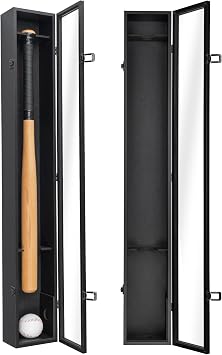Americanflat 37.8x4.3 Baseball Bat Display Case - Black | Lockable with key, polished plexiglass front, custom cut-outs hold a bat and ball, mounts vertically or horizontally