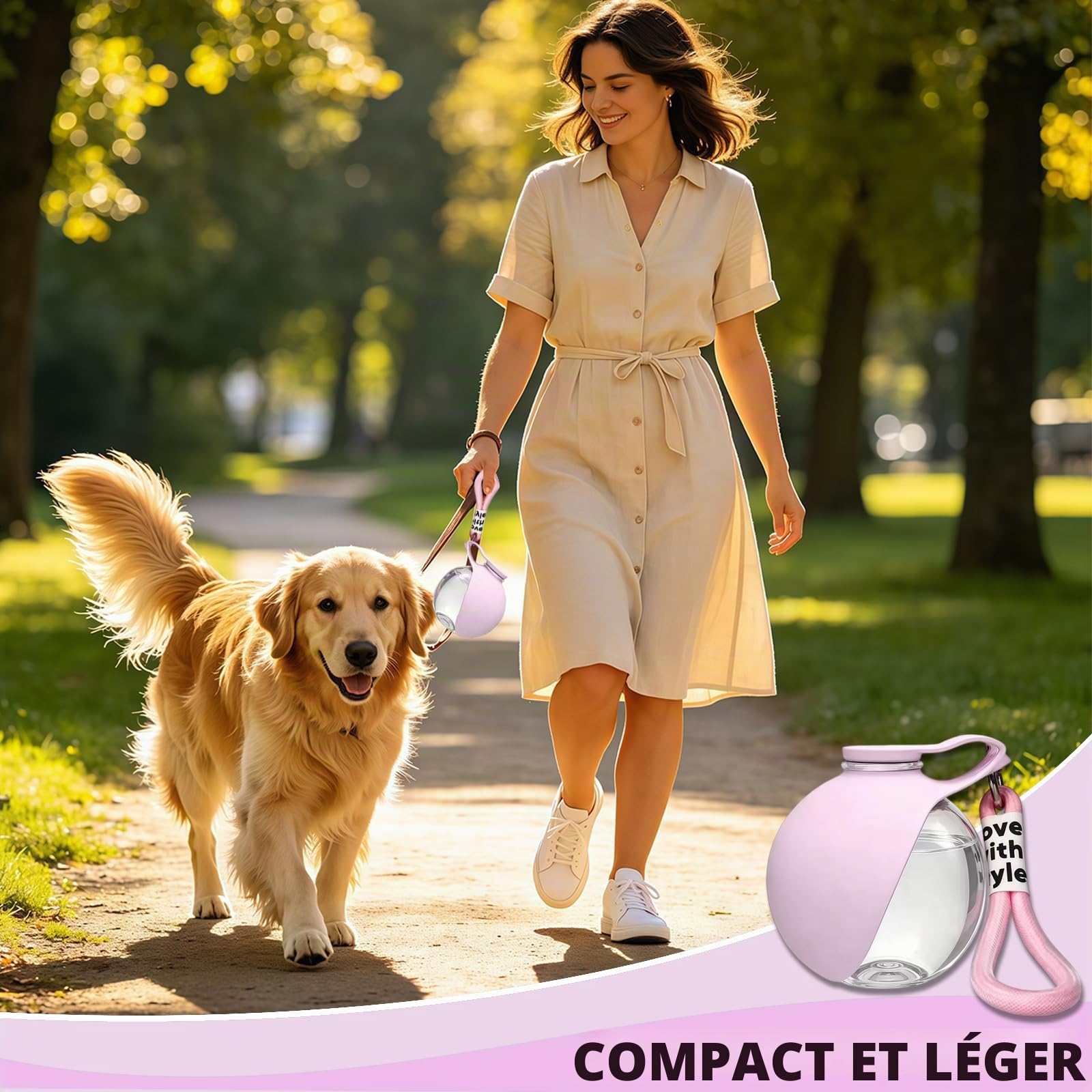 Gourde pour chien en déplacement, 285 ml, avec gamelle en silicone pliable, design anti-fuite, récipient transparent, légère, randonnée, voyage, sans BPA, rose